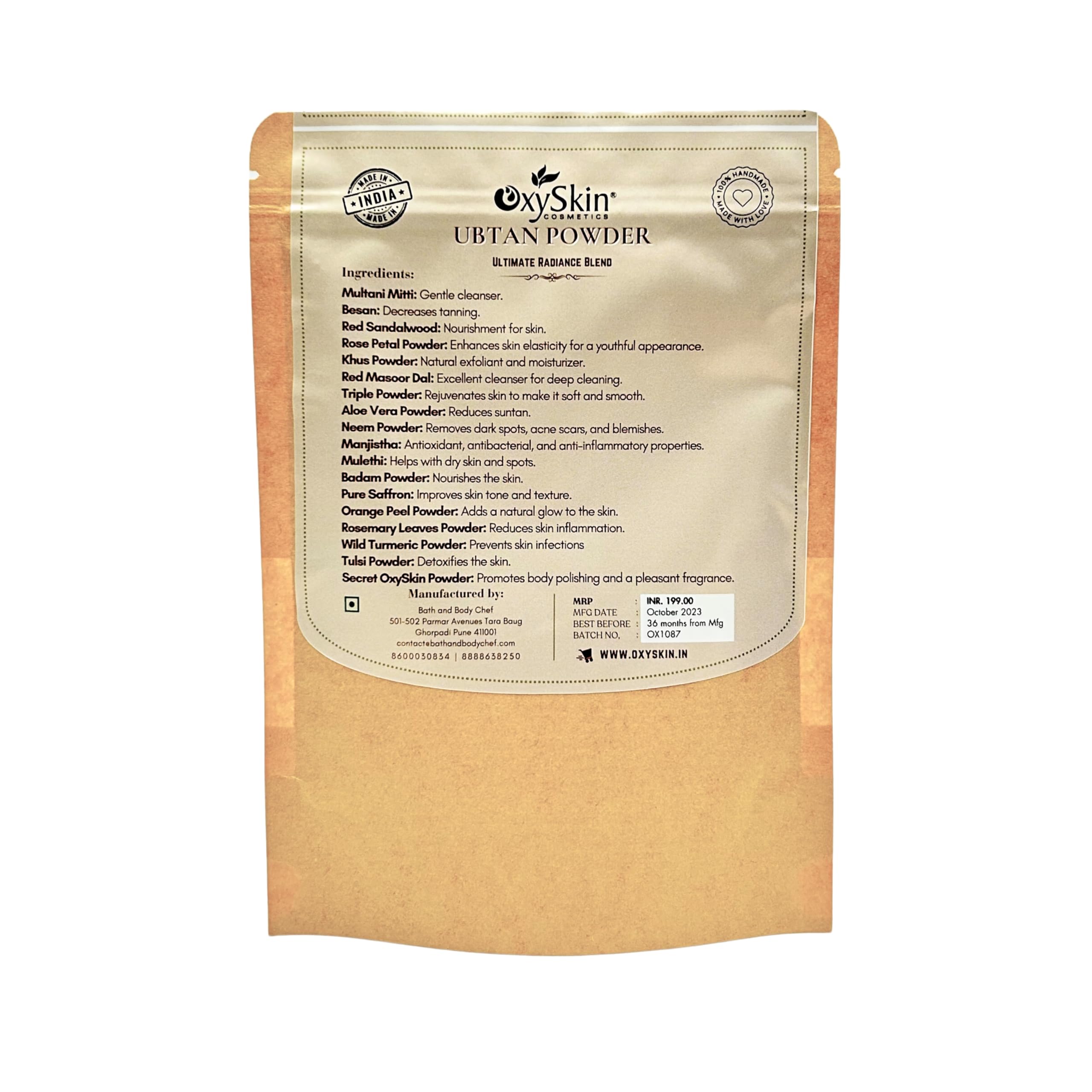 Oxyskin Cosmetics Ubtan Powder - 100% Organic Skin Brightening & Tan Removal Treatment for All Skin Types | 100gm | Reduces Scars & Evens Skin Tone | Perfect for Daily Skincare Routine & Bridal Glow Preparation