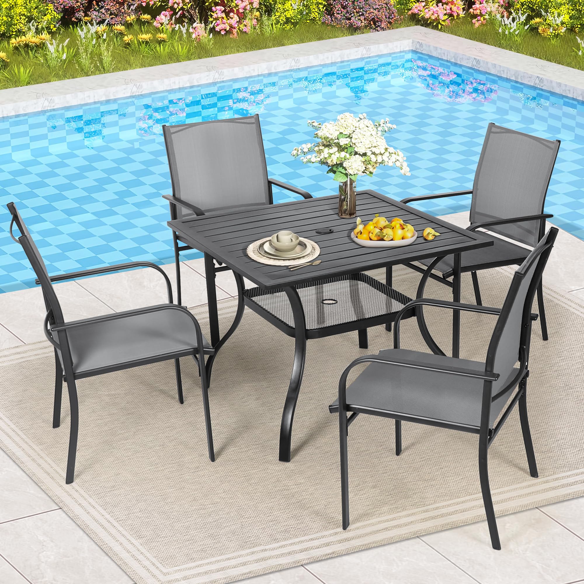 Crownland 5-Piece Outdoor Patio Dining Set - 4 Textilene Metal Chairs & Square Table with 1.57