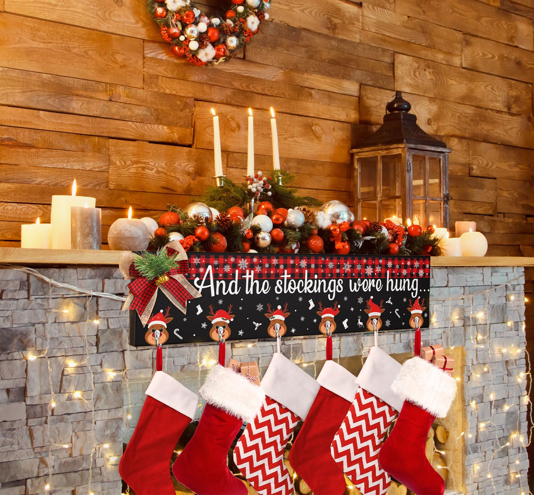 Wooden Christmas Stocking Holder for Mantel - 24.4 Inch Collapsible Fireplace Stocking Hanger with 6 Hooks - Perfect for Holiday Decor, Wall Hanging, and Festive Mantel Display - Xmas Stocking Organizer for Fireplace Decorations