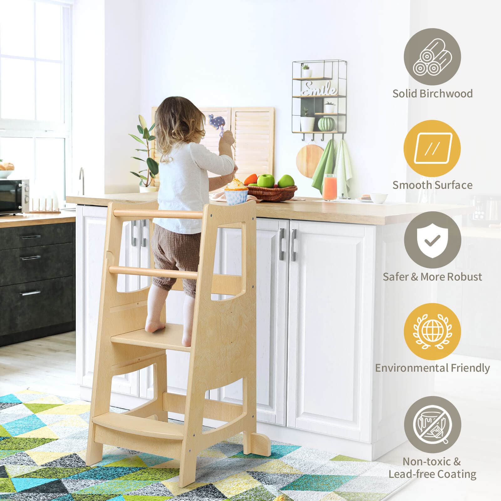 **Adjustable Wooden Toddler Step Stool with Safety Rail - 3 Height Levels for Kitchen, Bathroom & Counter - Safe Kids Step Stool Helper for Learning & Independence**    *(Use Scenes: Perfect for toddlers to safely reach sinks, countertops, or participate in cooking, brushing teeth, and other daily activities.)*