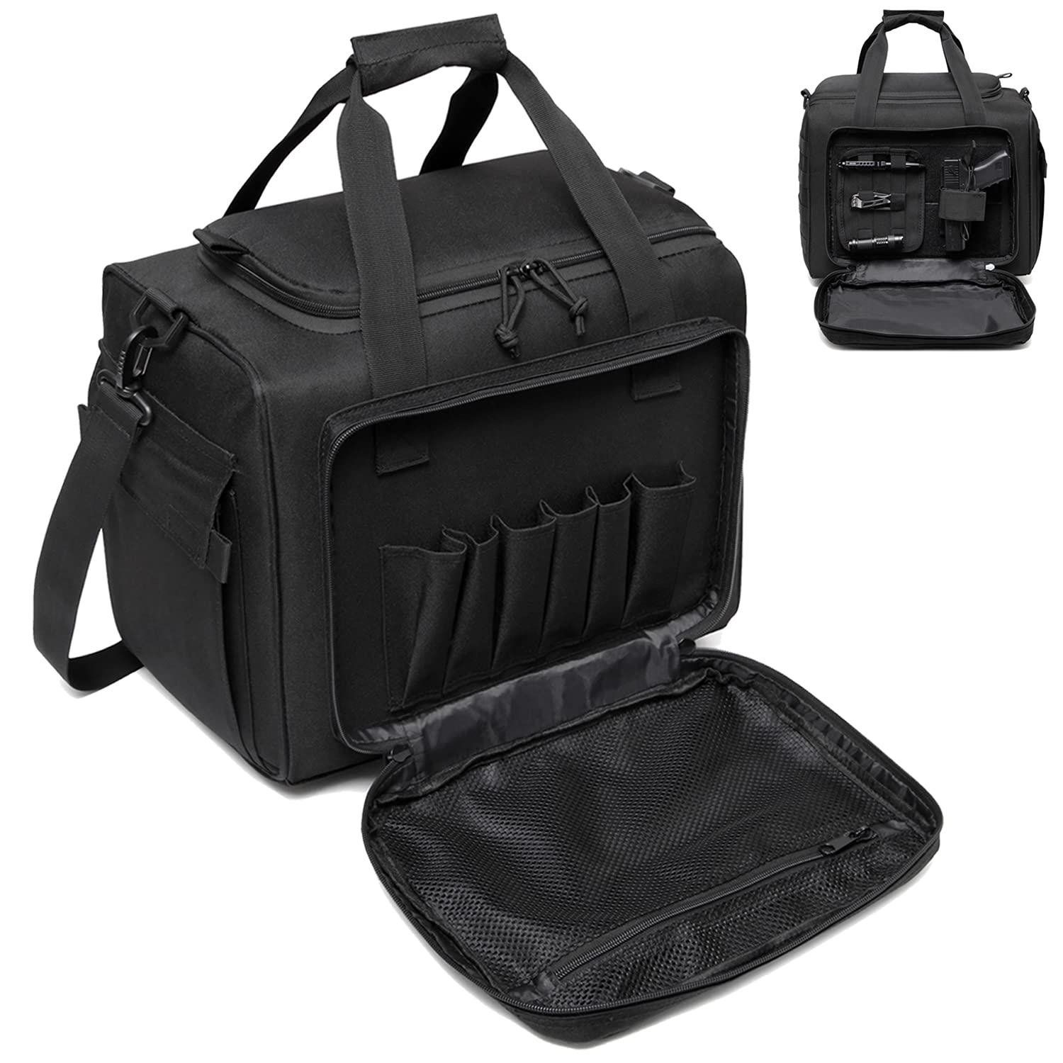DBTAC Large Tactical Gun Case Bag - 4+ Pistol Firearm Shooting Range Case with Lockable Zippers, 2X Removable Dividers, US Flag Patch & Universal Holster | Perfect for Outdoor Hunting, Range Training & Secure Firearm Storage