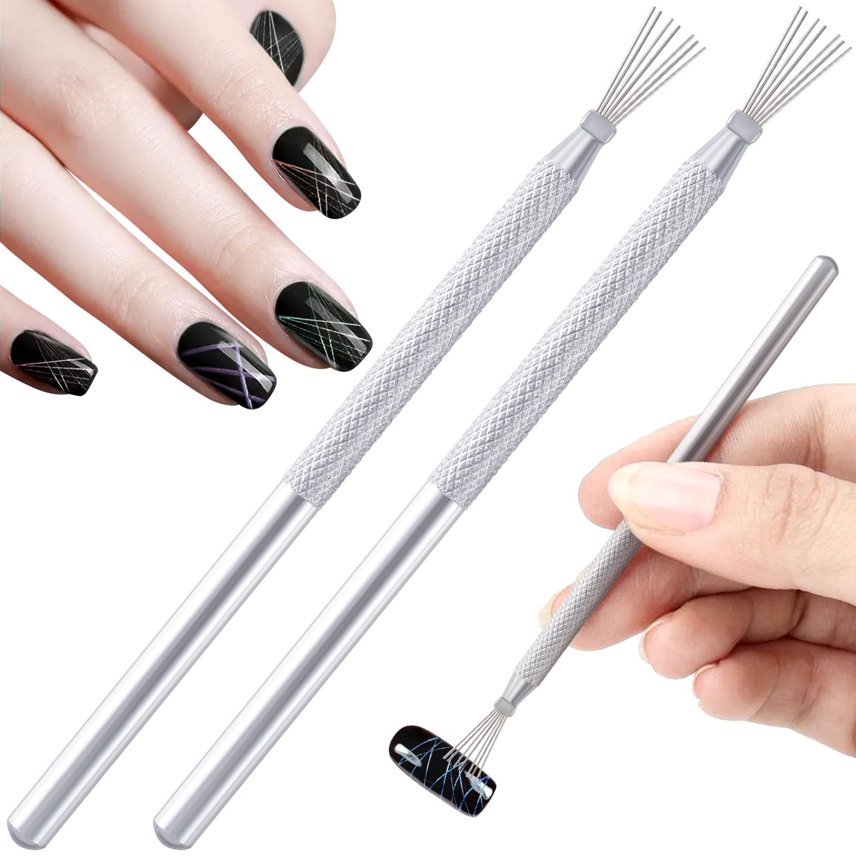 2 Pcs 7-Pin Nail Liners - Stainless Steel Ultra-Thin Nail Art Brushes for Spider Gel & Stripe Designs | Bendable Manicure Tools for Wire Drawing & Line Painting | Perfect for Salon & DIY Nail Art