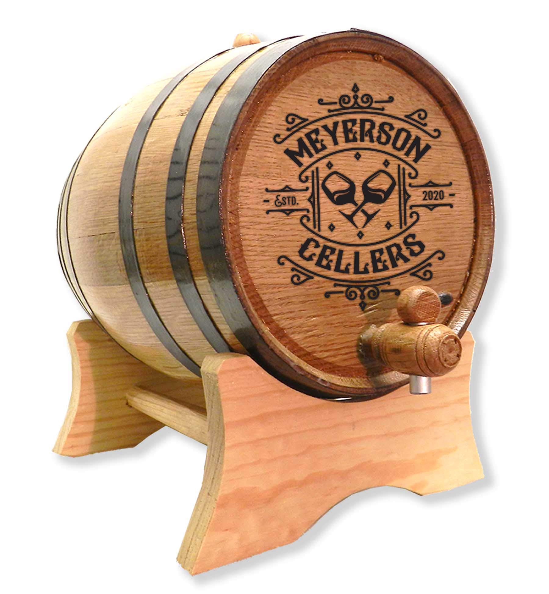 Personalized 1 Gallon (5 Liter) Premium Toasted American Oak Wine Aging Barrel with Bung, Spigot & Wood Stand - Custom Laser Engraved Cellar Design (B392) - Perfect for Home Brewing, Wine Making & Unique Gifts