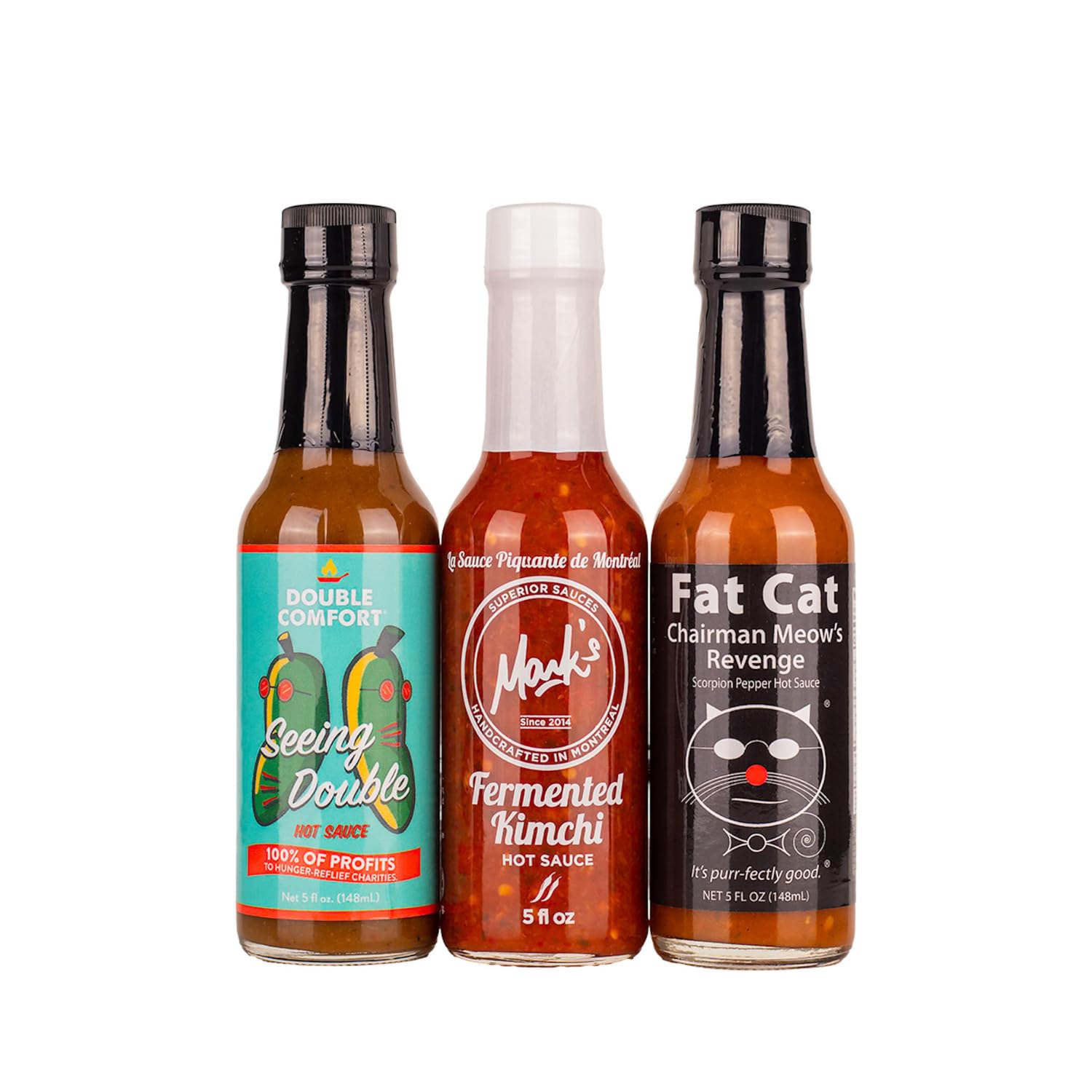 Hot Ones Season 24 Warmup Pack - 3-Pack of 5 fl oz Hot Sauces (Seeing Double, Fermented Kimchi, Fat Cat Chairman Meow Revenge) | All Natural Ingredients | Perfect for Spicy Food Lovers, Game Nights & Hot Sauce Challenges