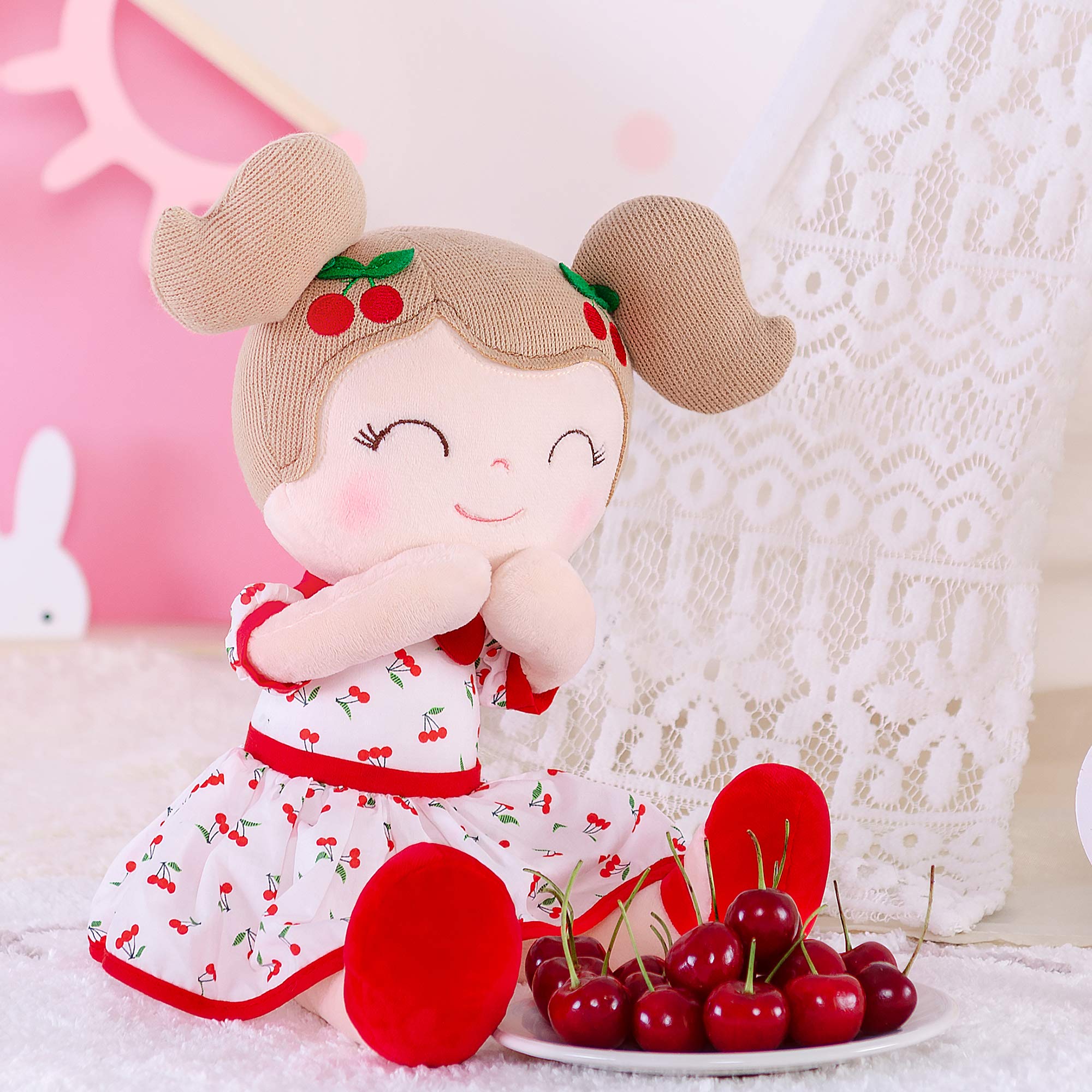 Gloveleya 14-inch Soft Plush Baby Doll for Girls - Cherry Red Stuffed Toy with Gift Box | Perfect Birthday Gift, Christmas Present & Nursery Decor