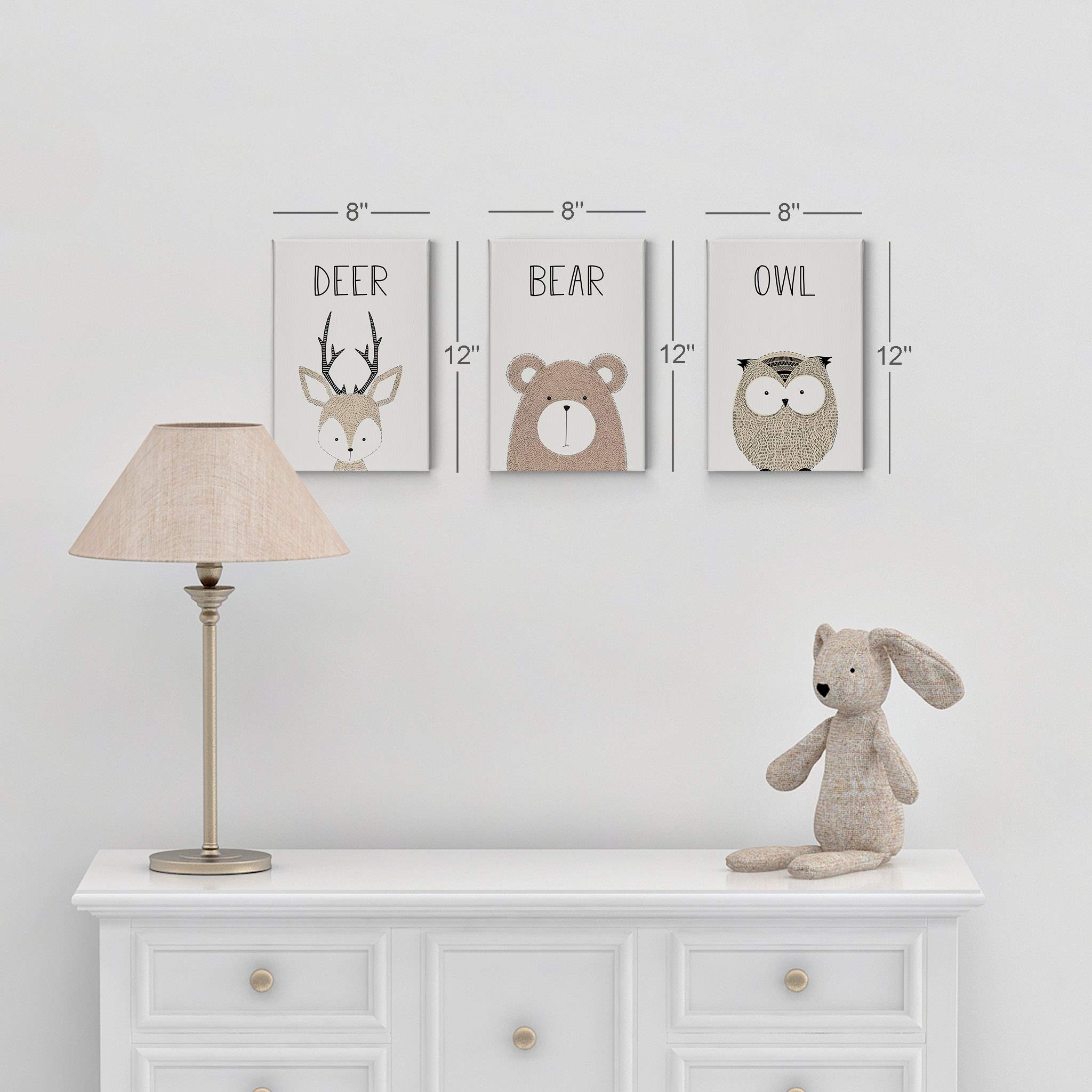 3-Piece Canvas Print Set - Pretty Deer, Bear & Owl Painting with Lettering on Cream Background | Kids Room Decor, Nursery Wall Art for Baby Boys & Girls | Made in USA | Rolled Up (40x30 inches) | Perfect for Nursery, Playroom & Children's Bedroom Decor