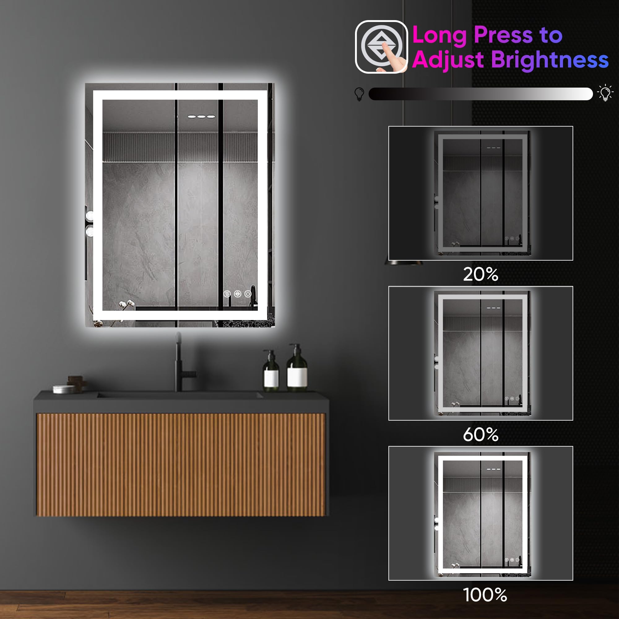 Antok 20x28 LED Bathroom Mirror with Lights - Anti-Fog, Dimmable for Vanity Makeup