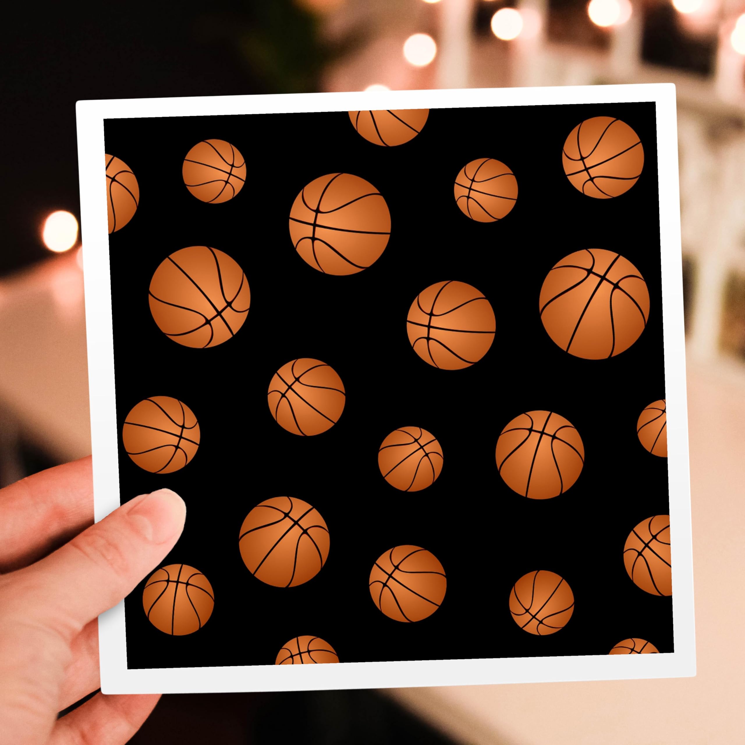 3D Rose Basketball Pattern Greeting Card - Black Background with Orange Brown Basketballs | Sports Theme for Fans, Players & Coaches | Perfect for Birthdays, Holidays & Game Day Celebrations