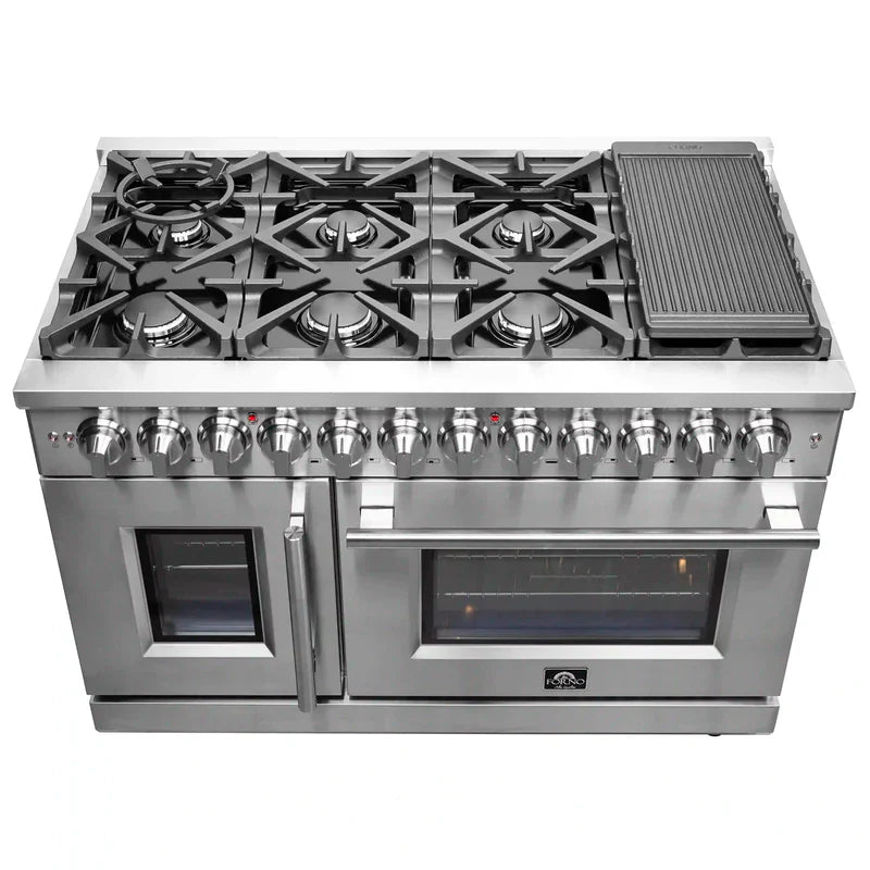 FORNO Massimo 48 Inch Freestanding Dual Fuel Range with French Doors - Stainless Steel FFSGS6325 | Professional Gas & Electric Oven for Home Chefs | Perfect for Baking, Roasting & Entertaining