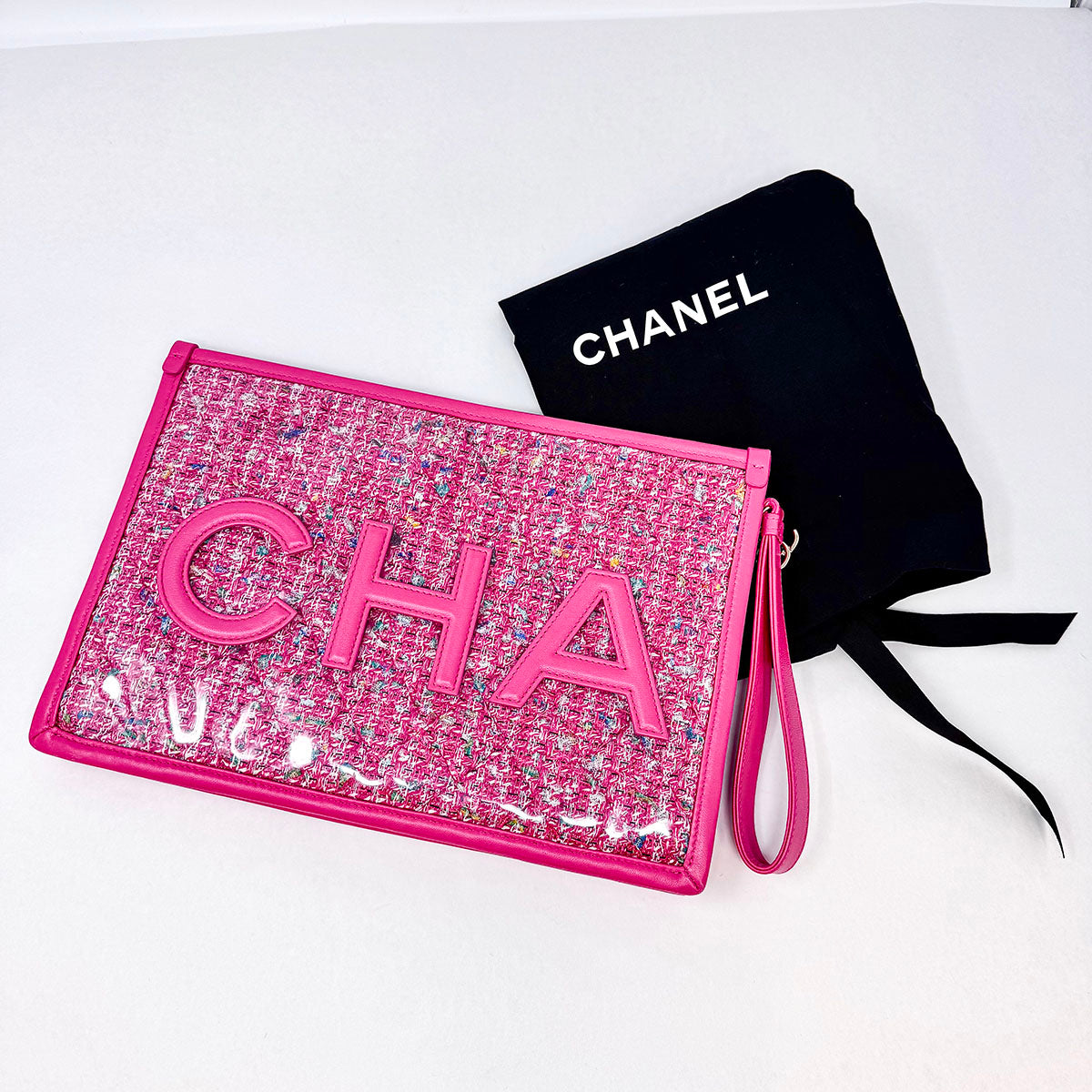 Chanel Tweed PVC Wristlet Pouch Clutch Bag for Women | Luxury Designer Handbag for Parties, Dinner & Evening Events