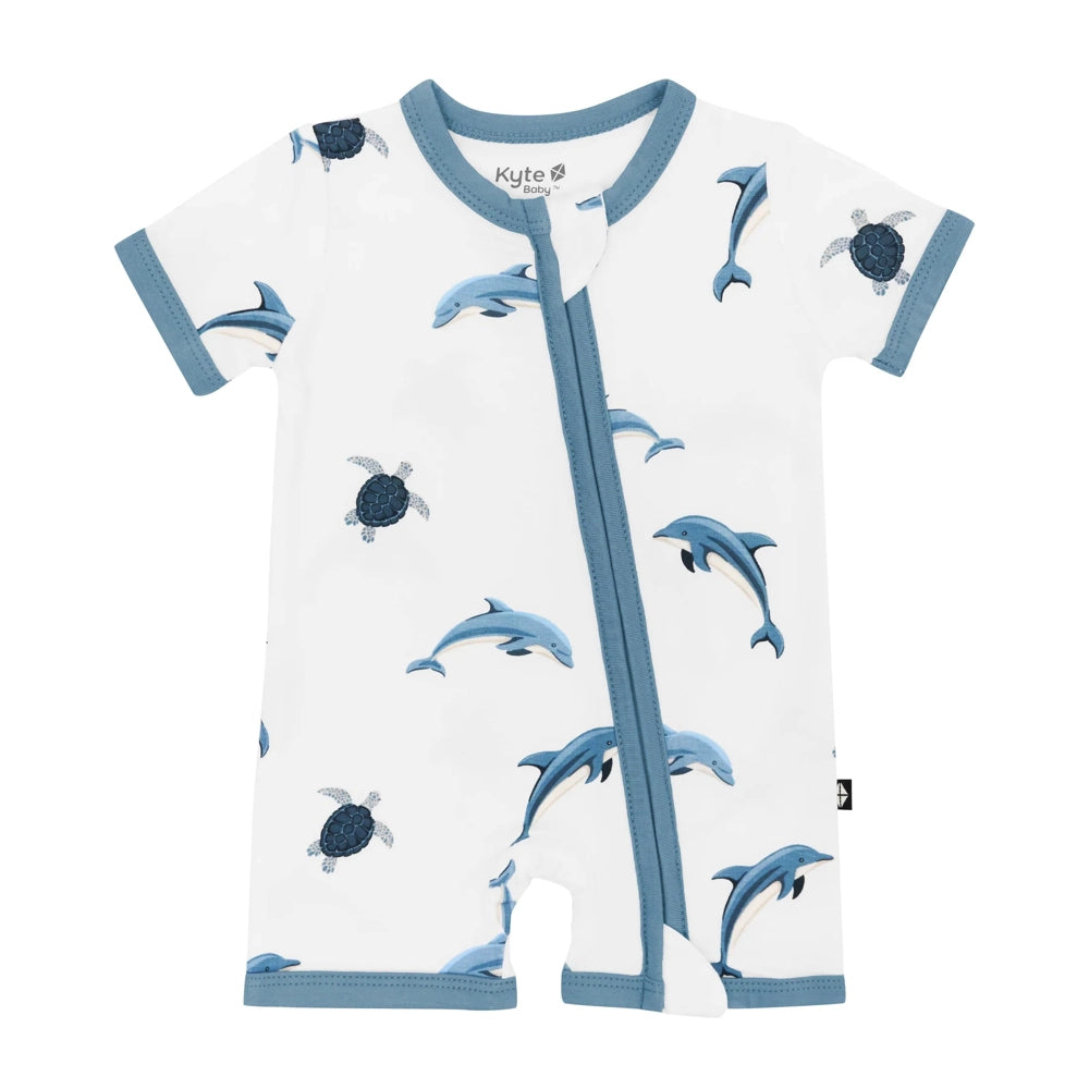 Kyte Baby Zipper Shortall Romper - Soft Organic Cotton Baby Jumpsuit with Easy Zipper (Dolphin Blue) | Perfect for Playdates, Daycare & Summer Outfits