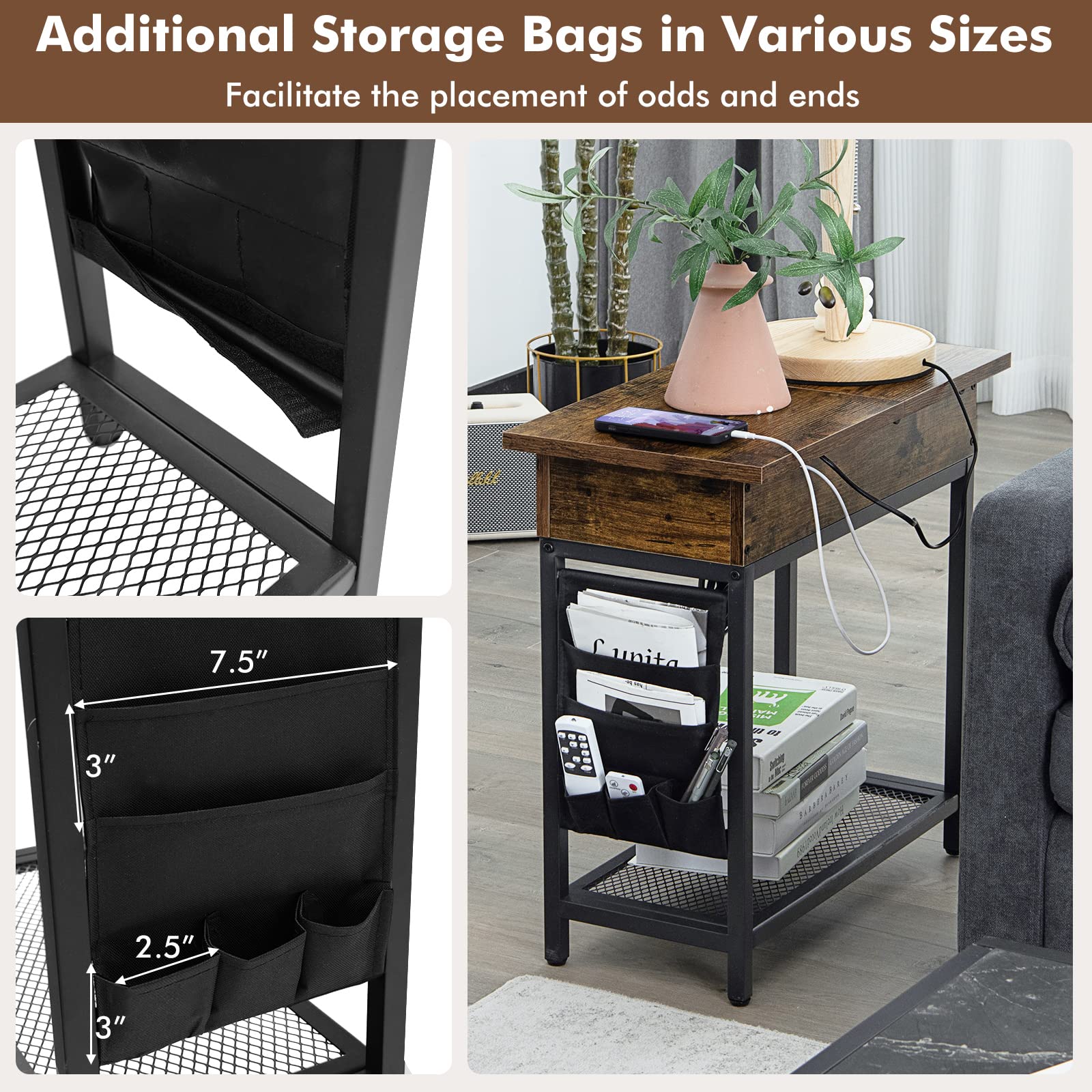 Tangkula Flip Top Side Table with Charging Station - USB Ports & Outlets, Narrow End Table with Fabric Storage Bags - Industrial Nightstand for Small Spaces (Rustic Brown, 2-Pack) | Perfect for Living Room, Bedroom & Dorm Organization