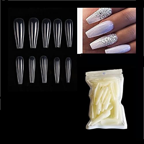 100PCS Ballerina Long False Nails - Clear Natural White Full Cover Manicure Tips, Flat Shape Coffin Nails for Acrylic & Gel Extensions - Perfect for Parties, Weddings & Special Occasions