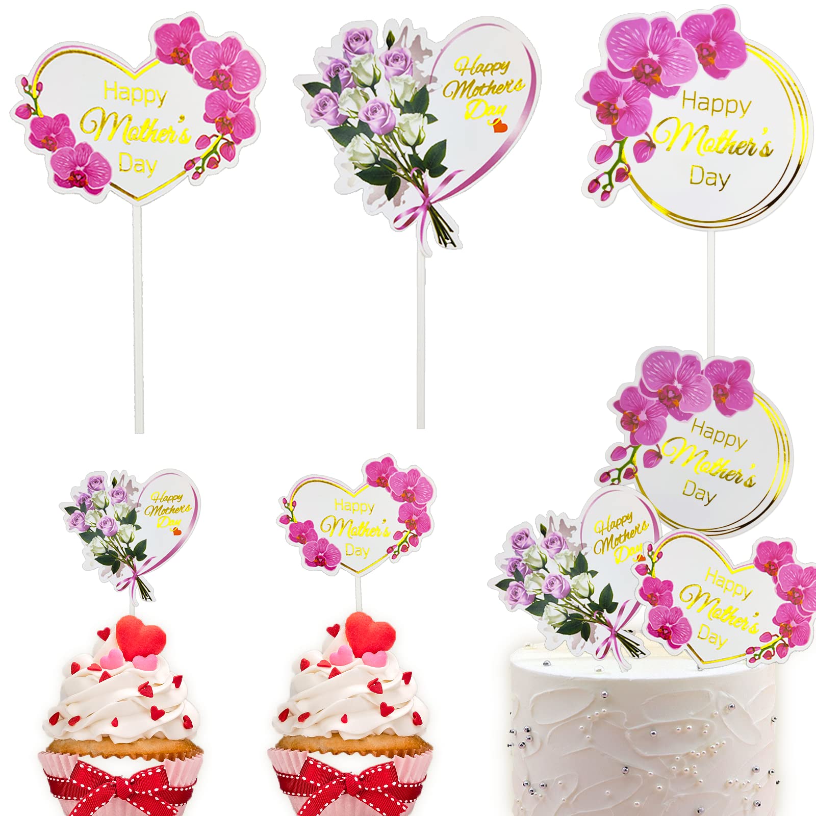 15 Pcs Happy Mother's Day Cake Toppers - Heart & Flower Cupcake Toppers, Heart Shaped Cake Picks for Birthday, Mother's Day Party Decorations - Perfect for Wedding, Baby Shower & Anniversary Cakes