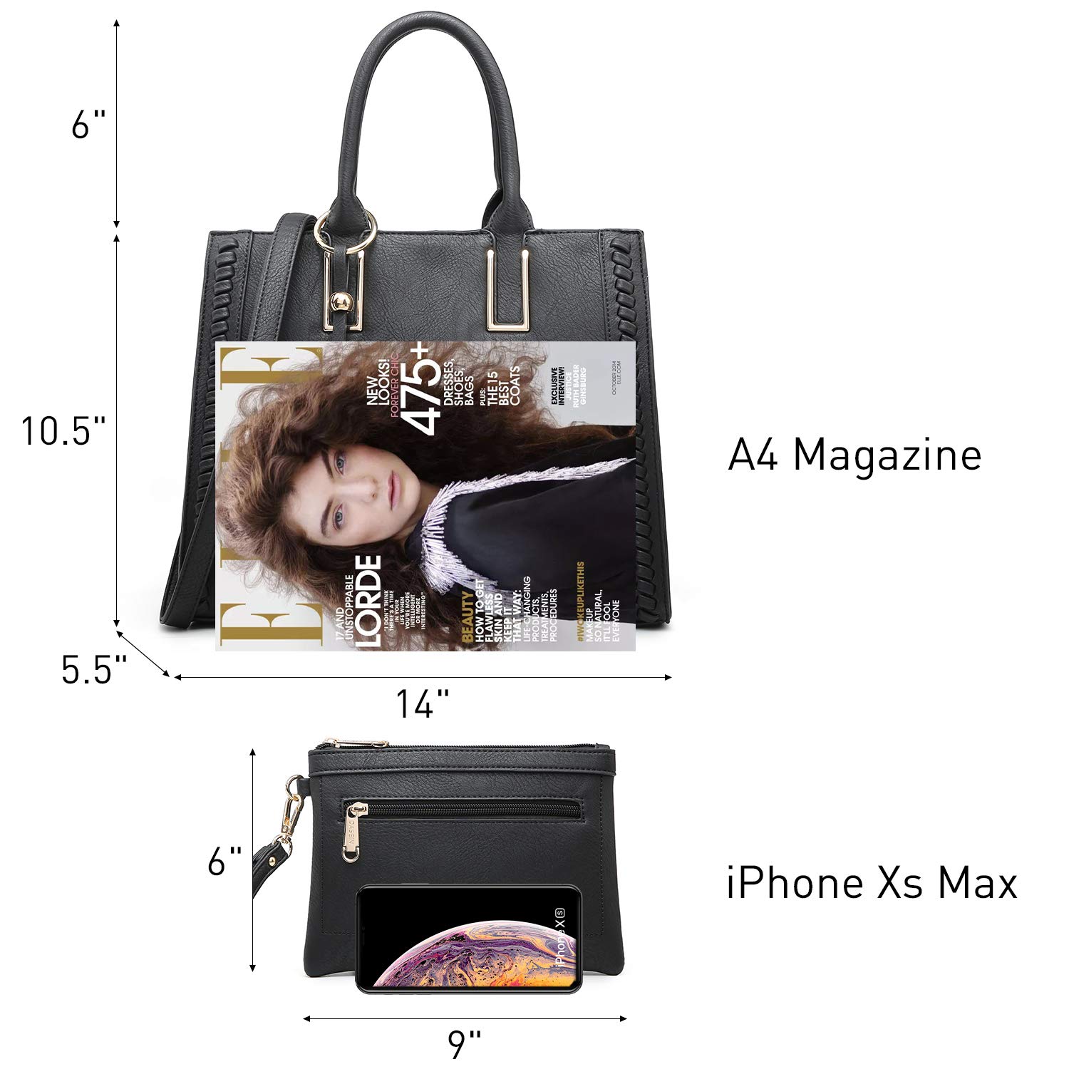 Dasein Women's Vegan Leather Satchel Shoulder Bag & Matching Clutch - Stylish Work Tote for Office, Business, and Everyday Use