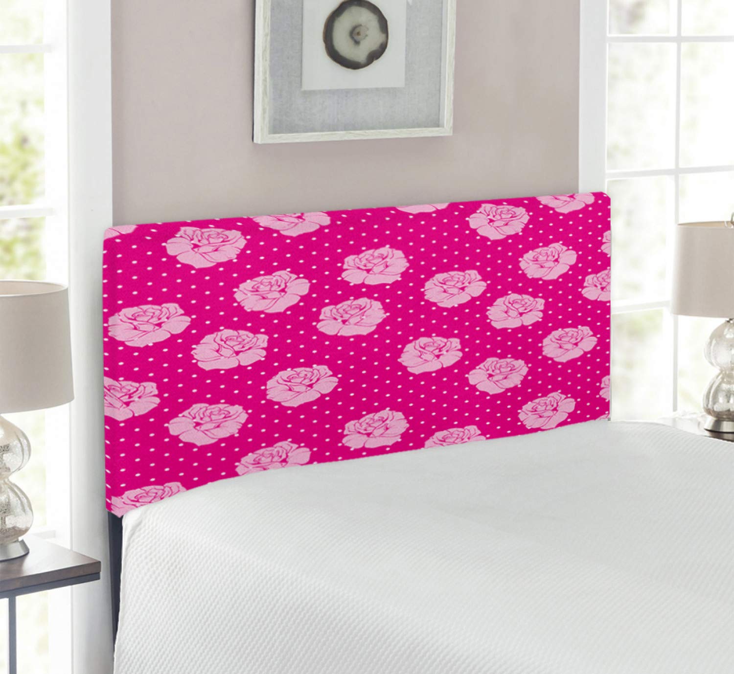 Ambesonne Twin Size Upholstered Metal Headboard - Vintage Pink Roses on White Dotted Hot Pink Background, Memory Foam Padding, Decorative Bed Frame for Girls' Room, Teen Bedroom & Guest Room Decor