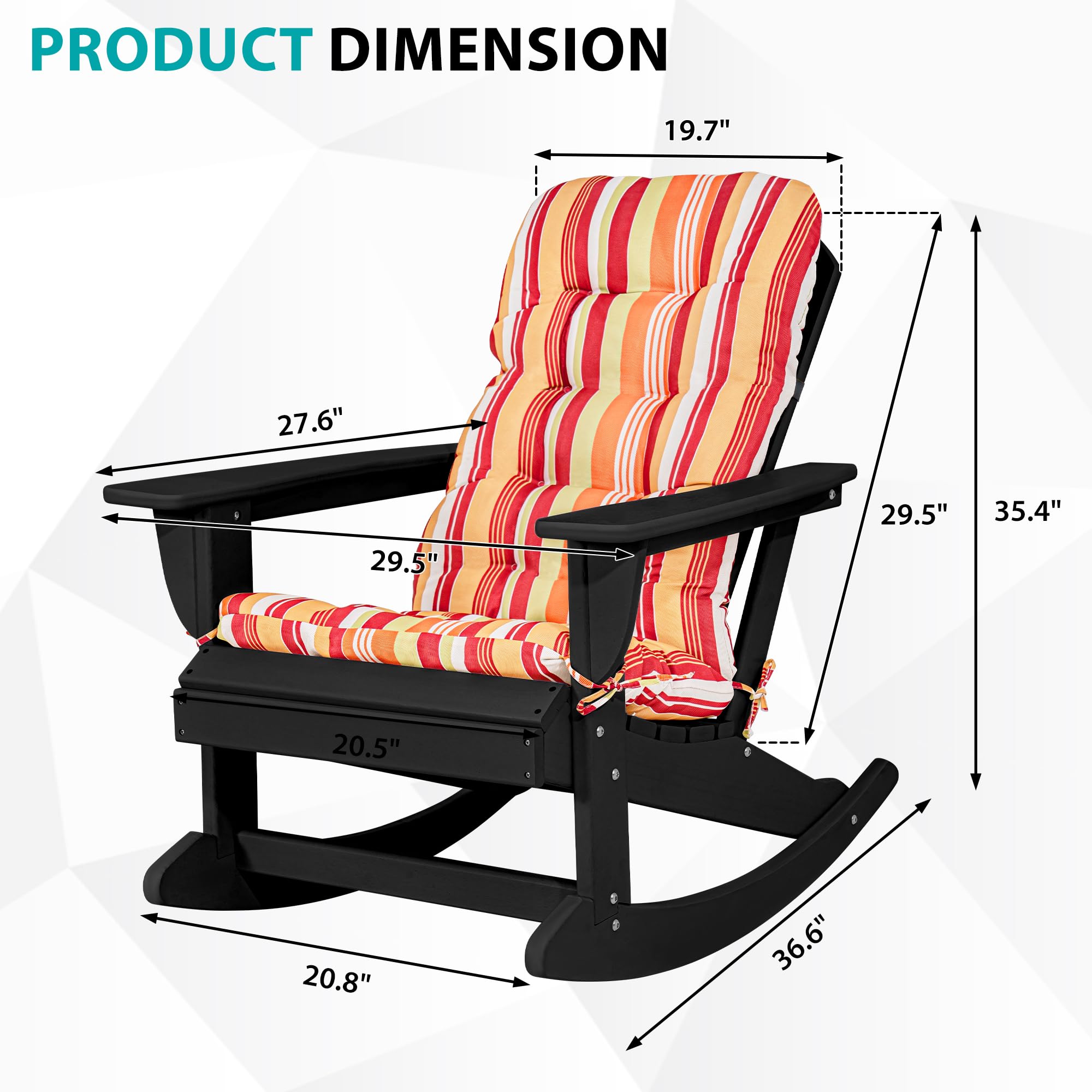 Premium HDPE Plastic Adirondack Rocking Chair with Cushion - All-Weather, Water-Resistant Outdoor Patio Rocker for Garden, Poolside, Backyard & Deck - Black (Perfect for Relaxing, Sunbathing & Entertaining)