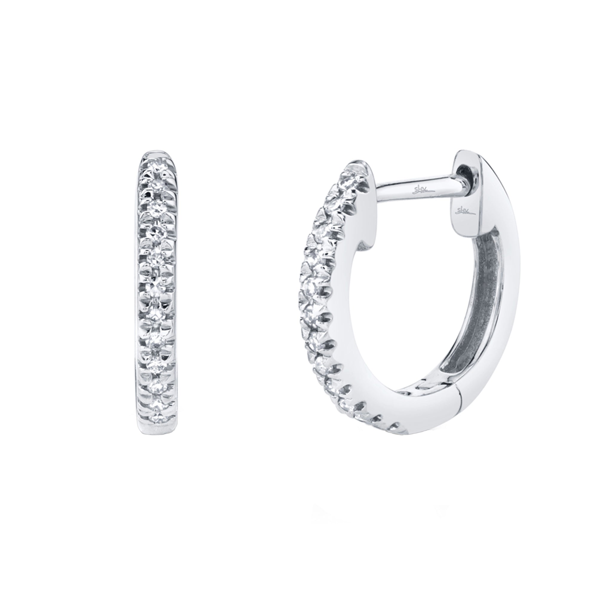 Shy Creation 14K White Gold Small Classic Diamond Huggie Hoop Earrings for Women - Elegant Everyday & Special Occasion Jewelry Gift