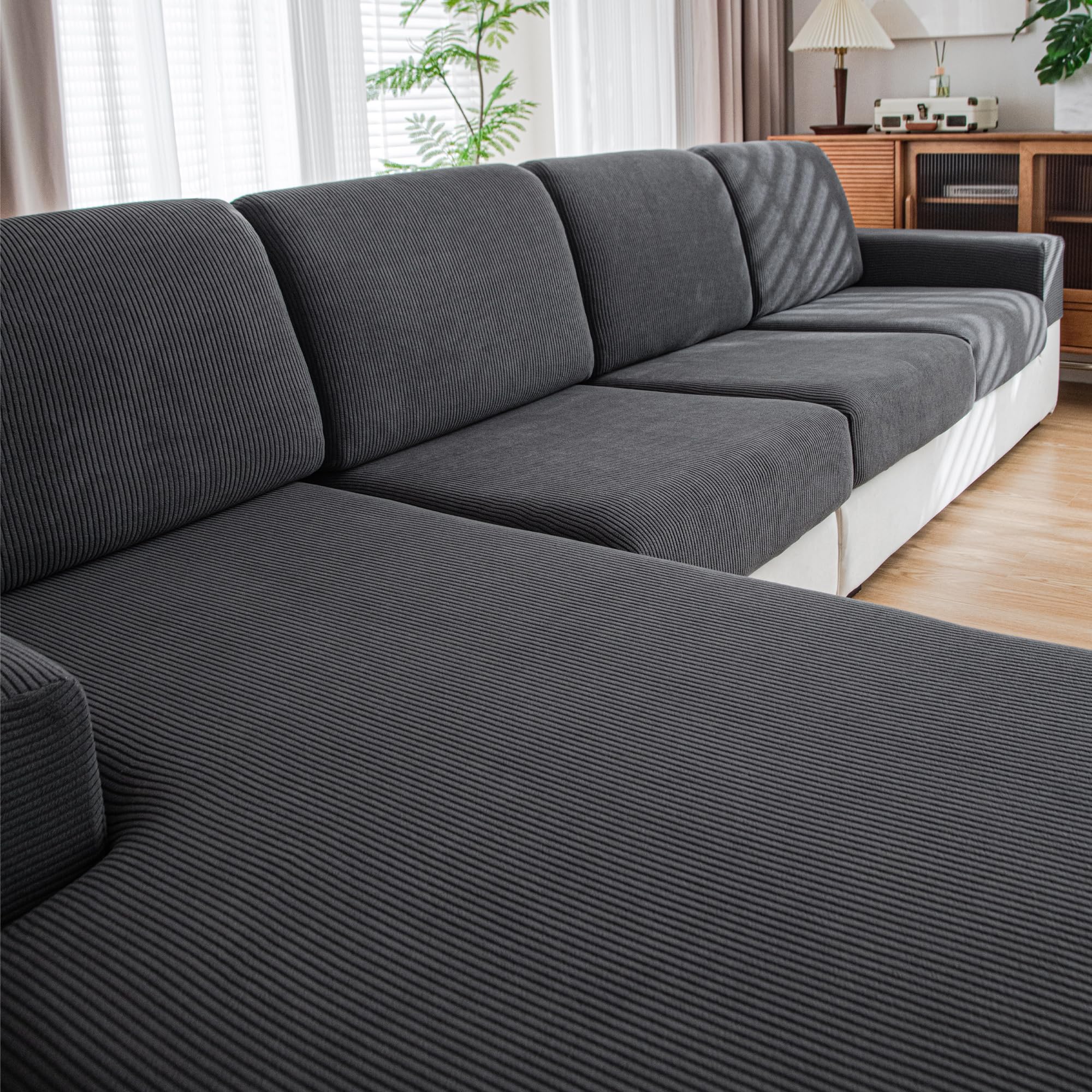 Stretchable Sofa Slipcovers for 3-Seater Couch with Chaise - Washable, Pet-Resistant Furniture Protector in Dark Gray | Perfect for Living Room, Sectional Sofa & Pet Owners