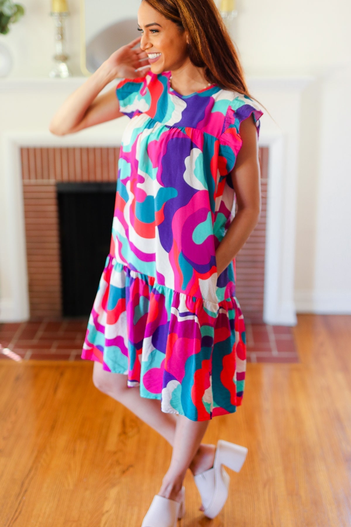 Go For Fun Fuchsia Geo Print Tiered Ruffle Sleeve Woven Dress for Women | Summer Casual Party Wear | Perfect for Beach Vacations, Date Nights & Outdoor Events