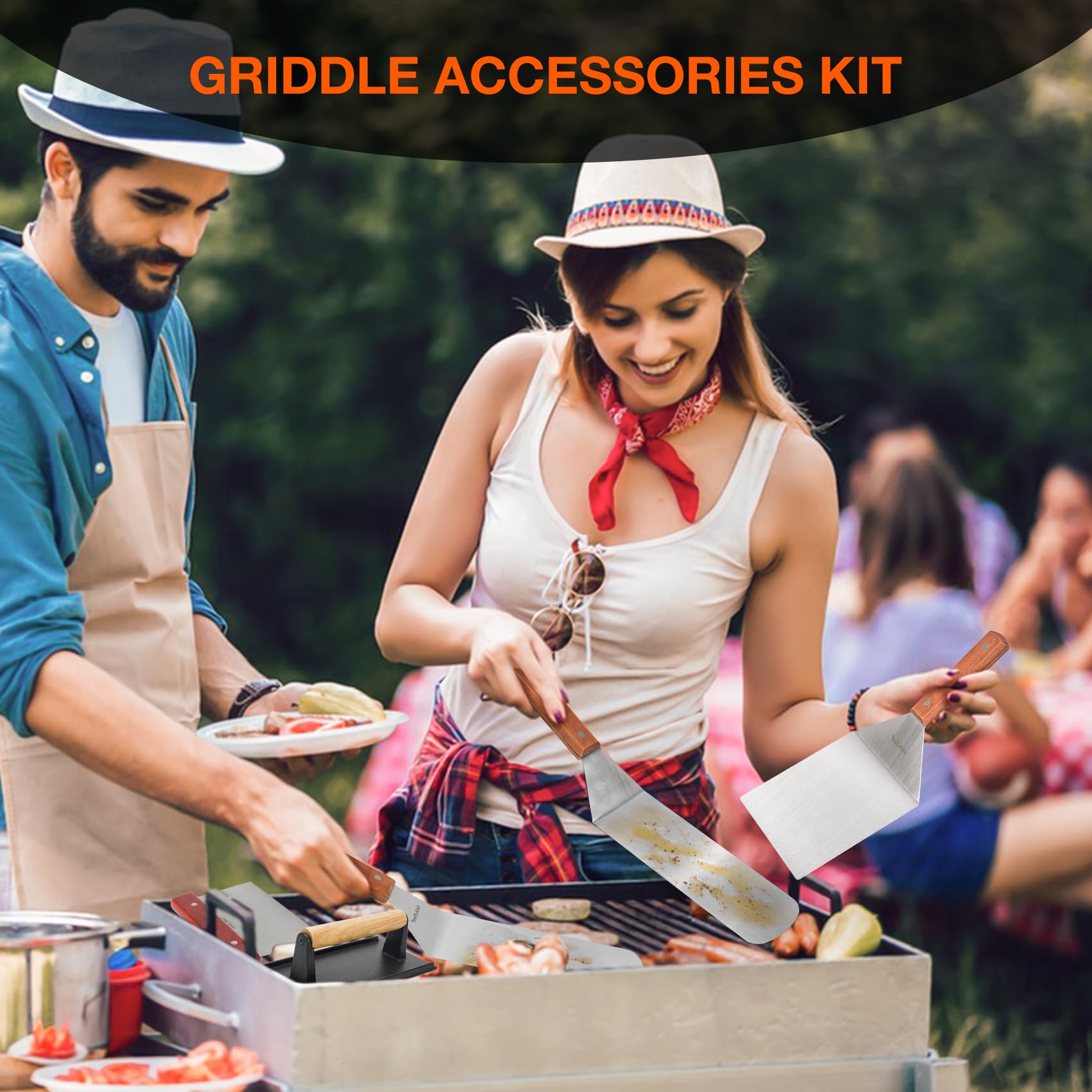 OnlyFire Professional 5-Piece BBQ Grill Tool Kit - Stainless Steel Griddle Accessories for Camping, Outdoor Hibachi & Backyard Cooking - Perfect for Grilling, Searing & Flat Top Cooking