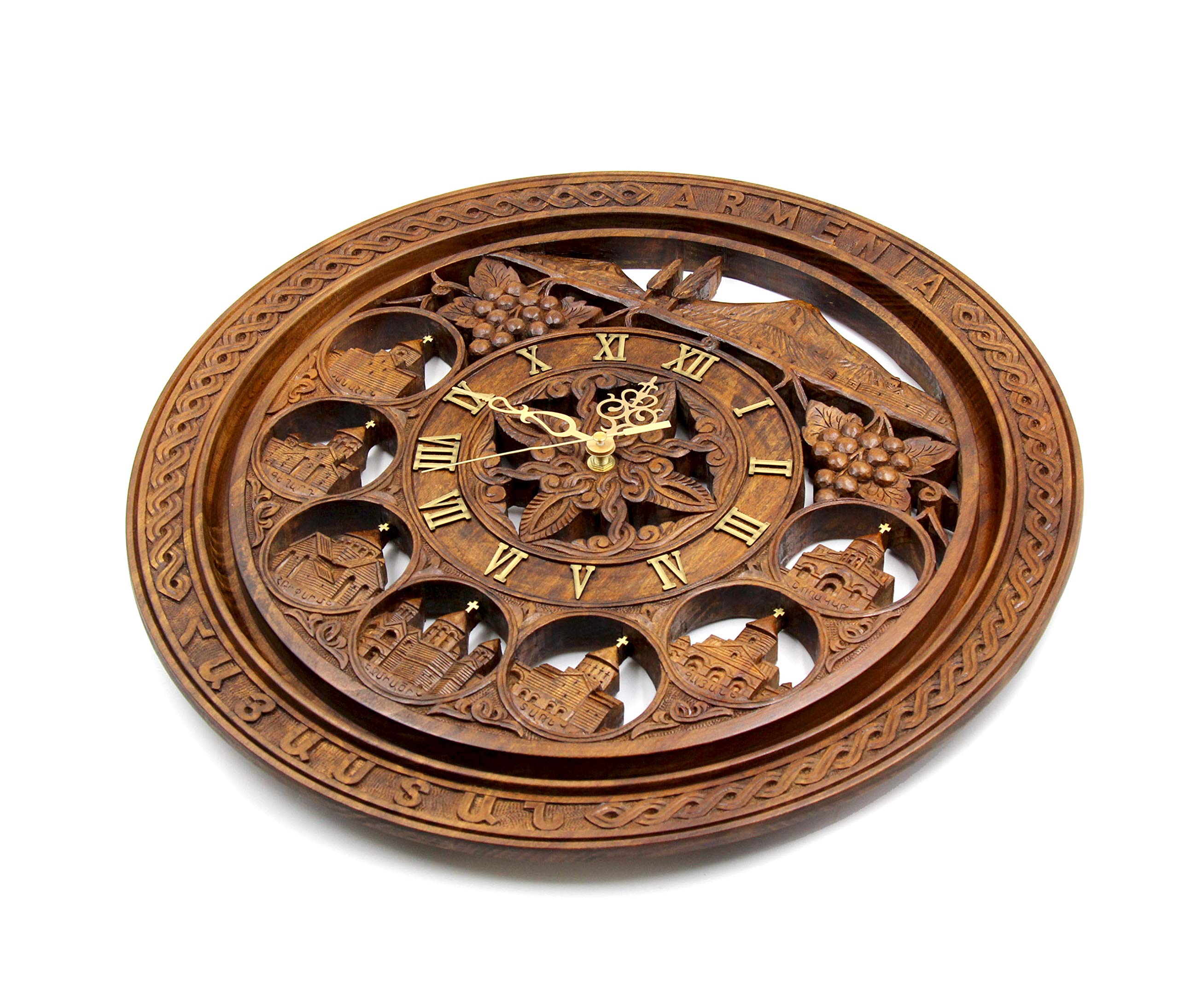 Handmade Carved Wooden Clock with Armenian Ornament - Ararat Mountain Wall Decor, Unique Wood Art Gift for Home, Office & Cabin Decorations