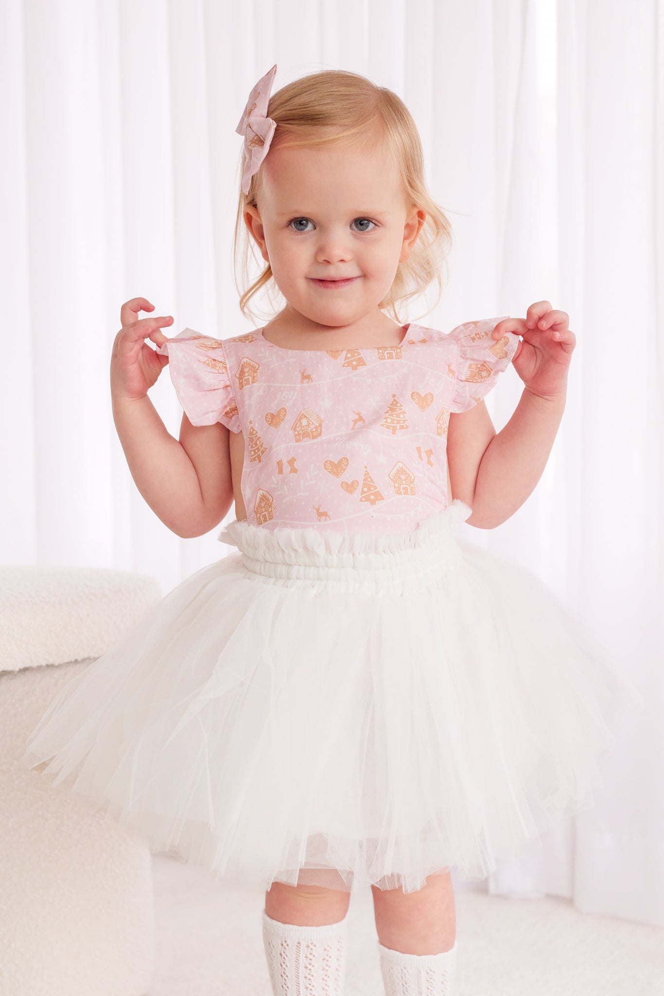 Pink Ruffle Sunsuit for Baby Girls - Christmas Village Holiday Outfit | Perfect for Holiday Photos, Parties & Festive Celebrations