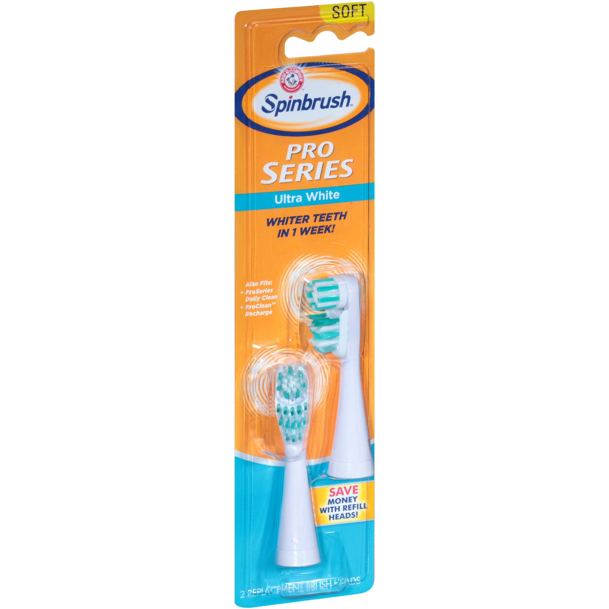 ARM & HAMMER Spinbrush Pro Series Ultra White Replacement Brush Heads - Soft Bristles, 2-Pack (7 Count) - Gentle Teeth Cleaning for Sensitive Gums - Perfect for Electric Toothbrush Maintenance & Oral Hygiene Care