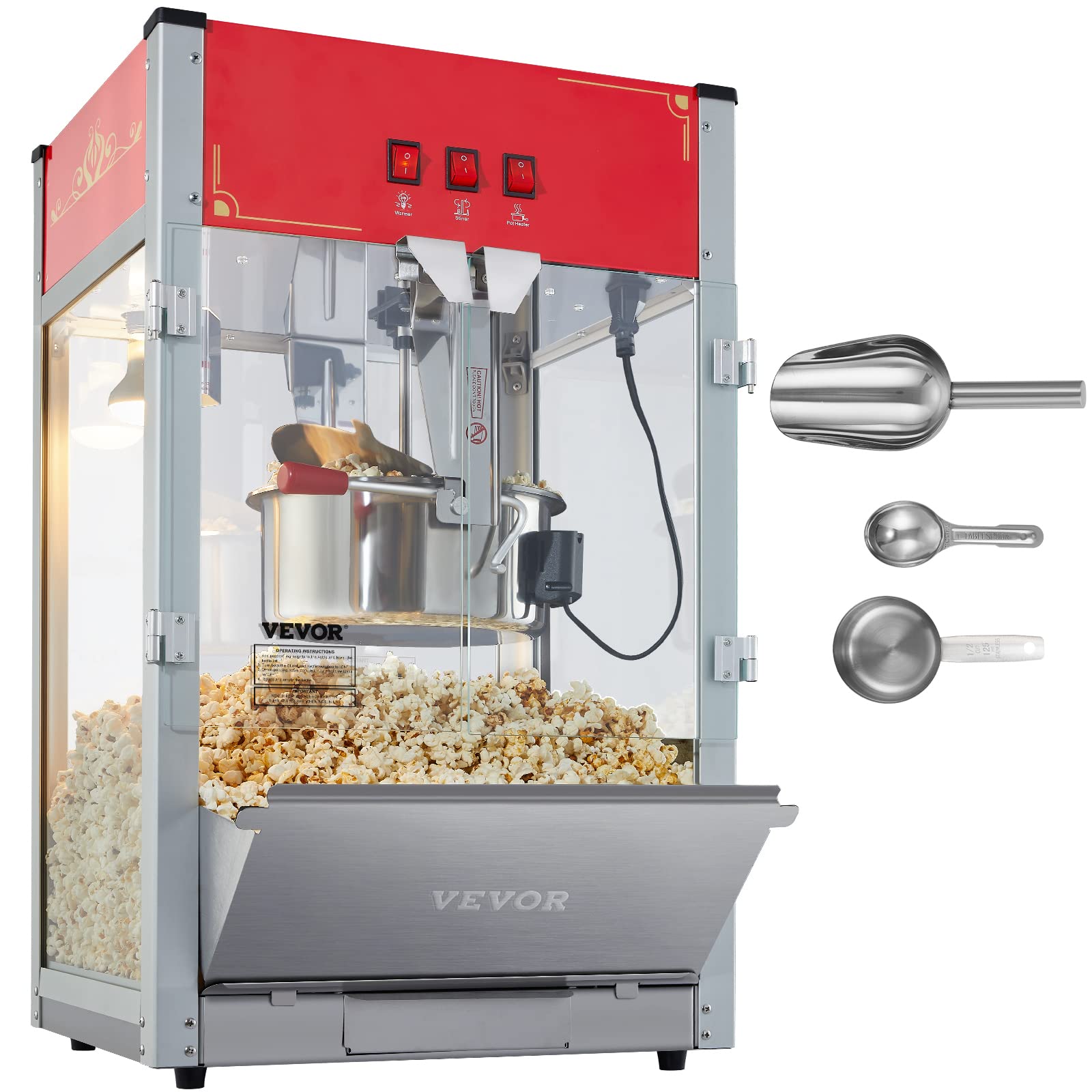 VEVOR 12 Oz Commercial Popcorn Machine - 1440W Theater Style Popper with 3-Switch Control, Steel Frame & Tempered Glass - Makes 80 Cups per Batch (Includes Scoop & 2 Spoons, Red) - Perfect for Movie Theaters, Carnivals, and Home Entertainment