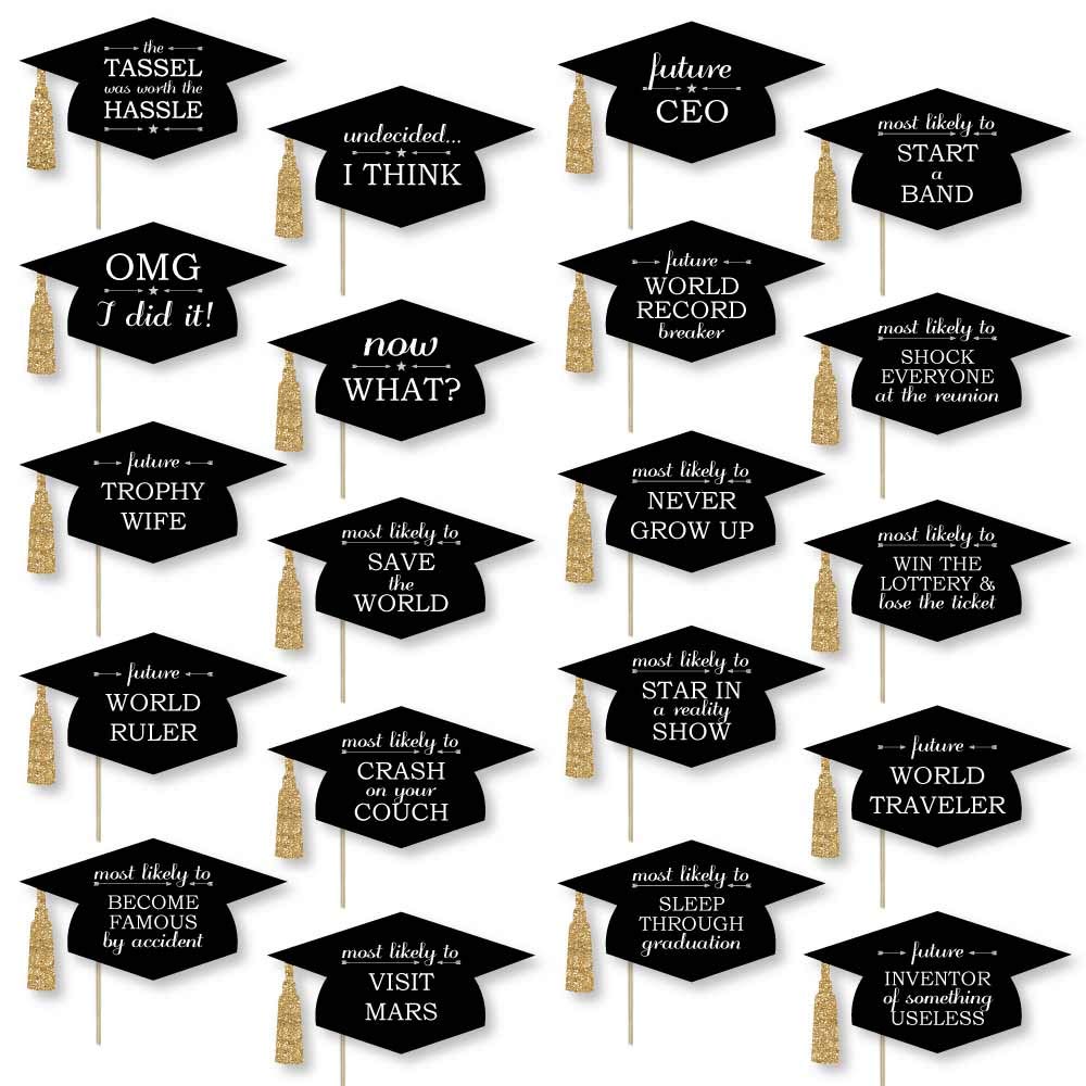 Funny Graduation Caps - Gold Photo Booth Props for Graduation Party Decorations - Set of 20 - Perfect for Graduation Photos, Commencement Celebrations & School Events