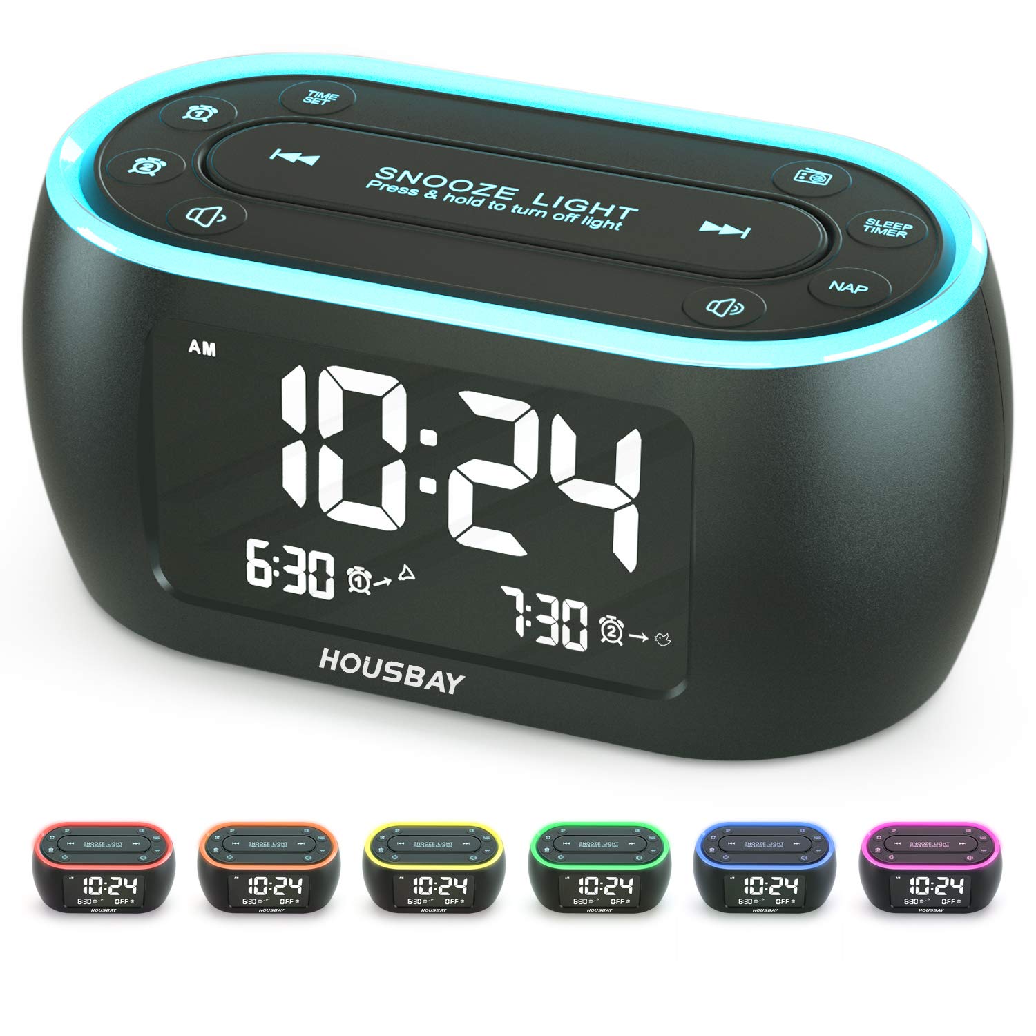 HOUSBAY Small Digital Alarm Clock Radio with 7 Color Changing Night Light, Dual Alarm, USB Charger, Battery Backup & Nap Timer - Perfect for Bedrooms, Nightstands & Home Office Use
