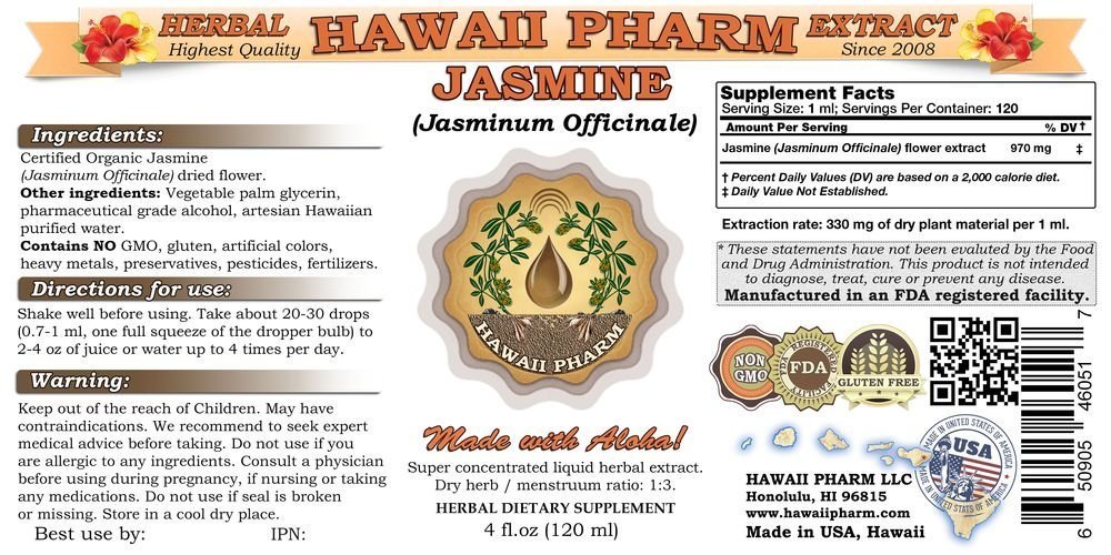 Organic Jasmine (Jasminum officinale) Liquid Extract Tincture Supplement - 2x32 oz Unfiltered by Hawaii Pharm | Aromatherapy, Relaxation & Herbal Tea Enhancer