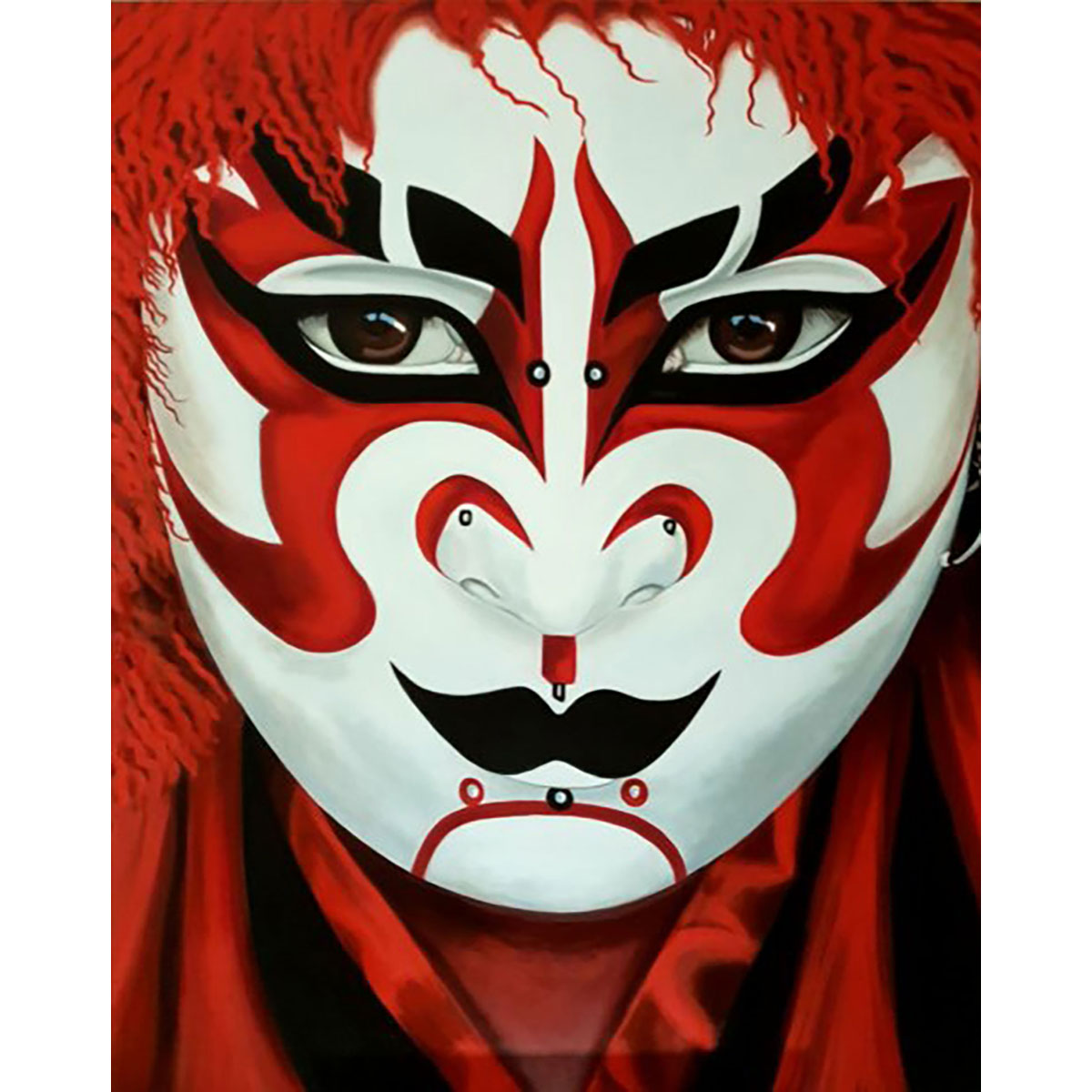 Japanese Kabuki Mask Oil Painting on Canvas - Oriental Art Decor for Home, Office & Theater Backdrops