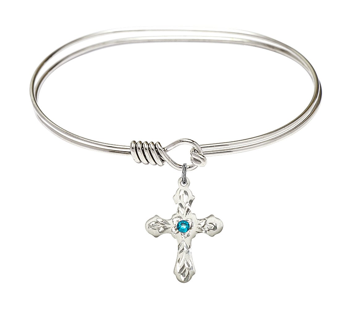 7 Inch Oval Eye Hook Bangle Bracelet with Cross Medal Charm & December Blue Crystal - Elegant Jewelry for Women, Christmas Gifts, Party Accessories, Daily Wear