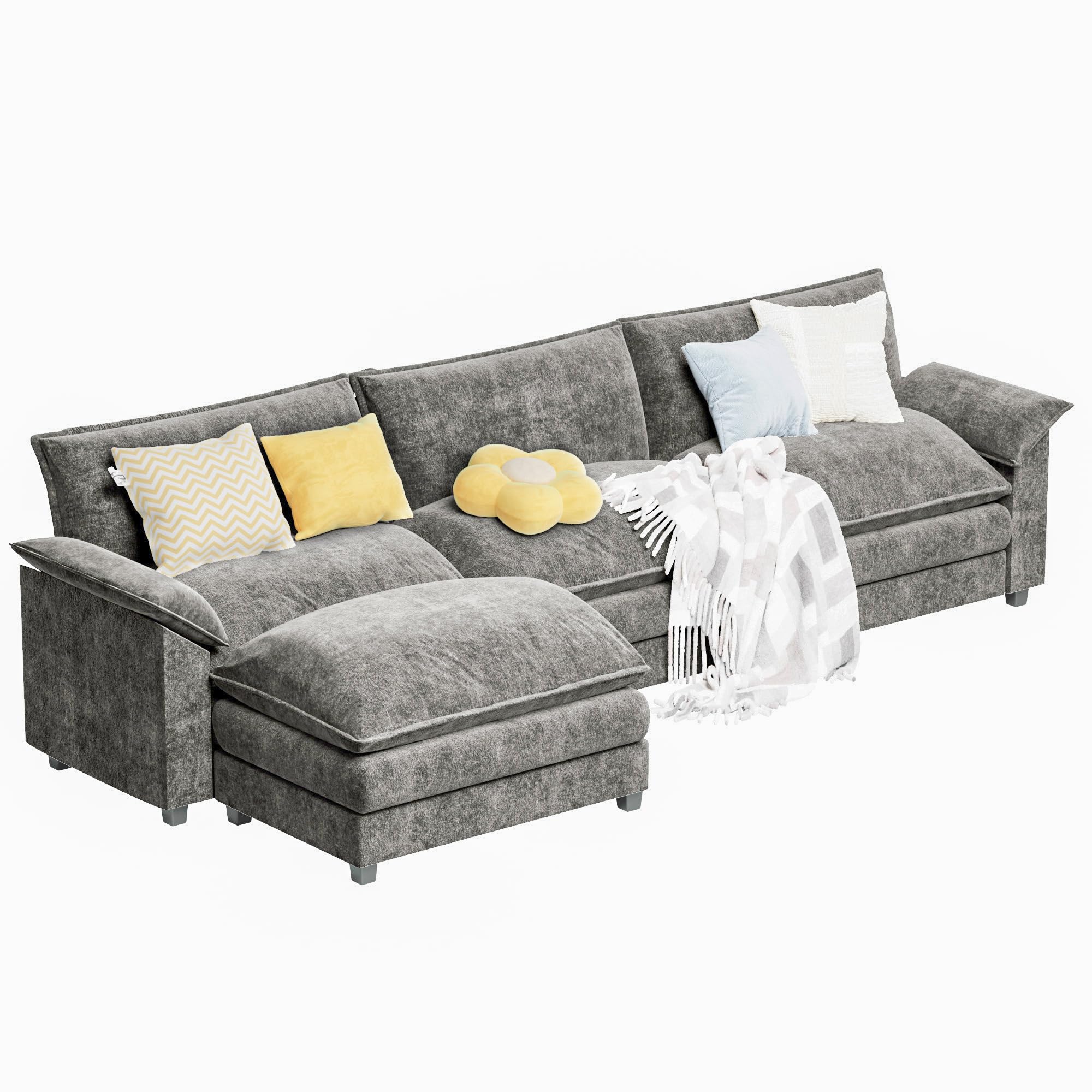 Furmax Modern L-Shaped Convertible Sofa Set with Ottoman - 4-Seat Modular Sectional Couch for Living Room & Apartment - Light Grey Fabric - Perfect for Small Spaces, Movie Nights & Family Gatherings