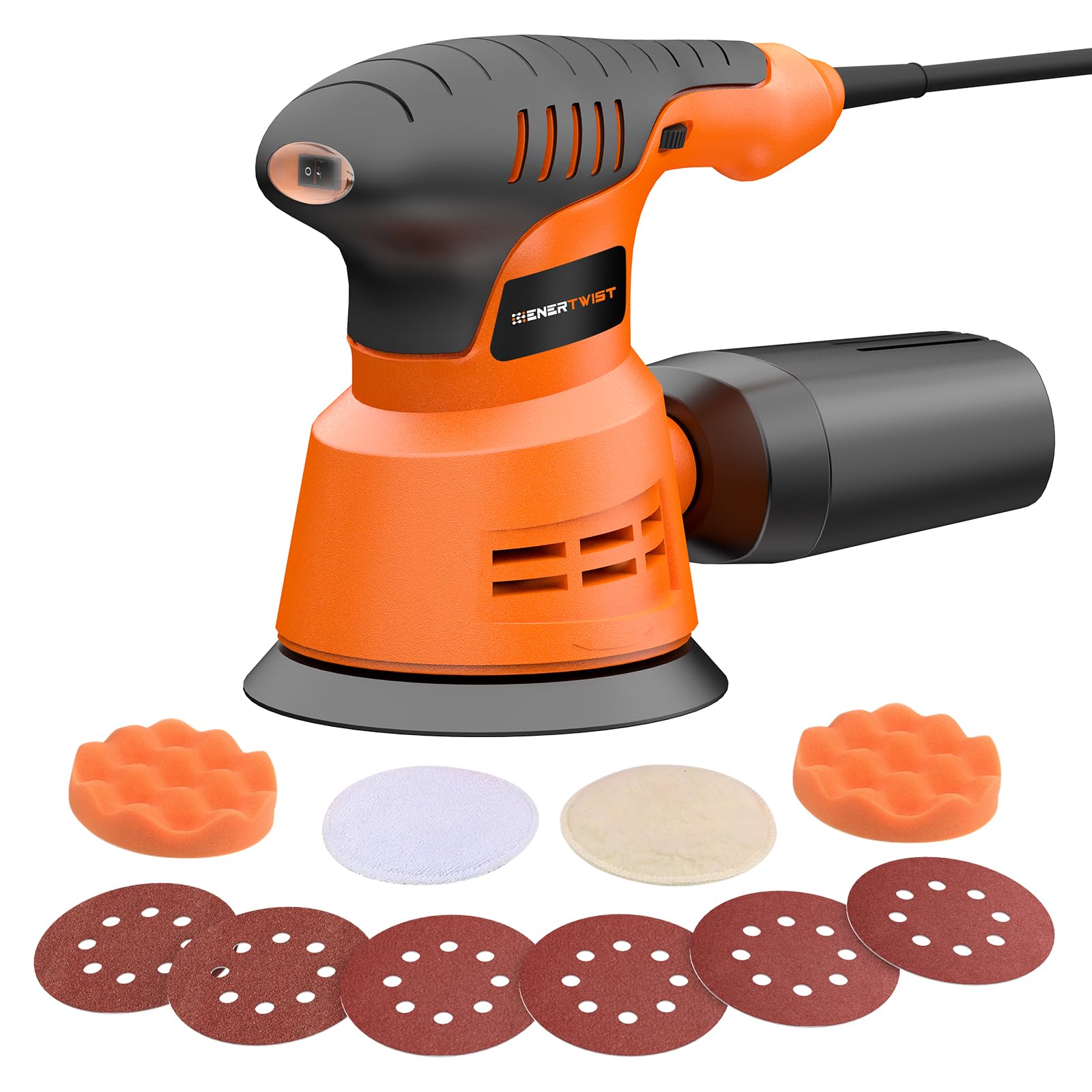 ENERTWIST 5 Inch Random Orbital Sander with Dust Collector - 6 Speed Adjustable 5000-12000 RPM, 2.4 Amp Electric Sander for Woodworking & Sanding - Includes 10pc Sanding Disc Kit for DIY Projects & Furniture Refinishing