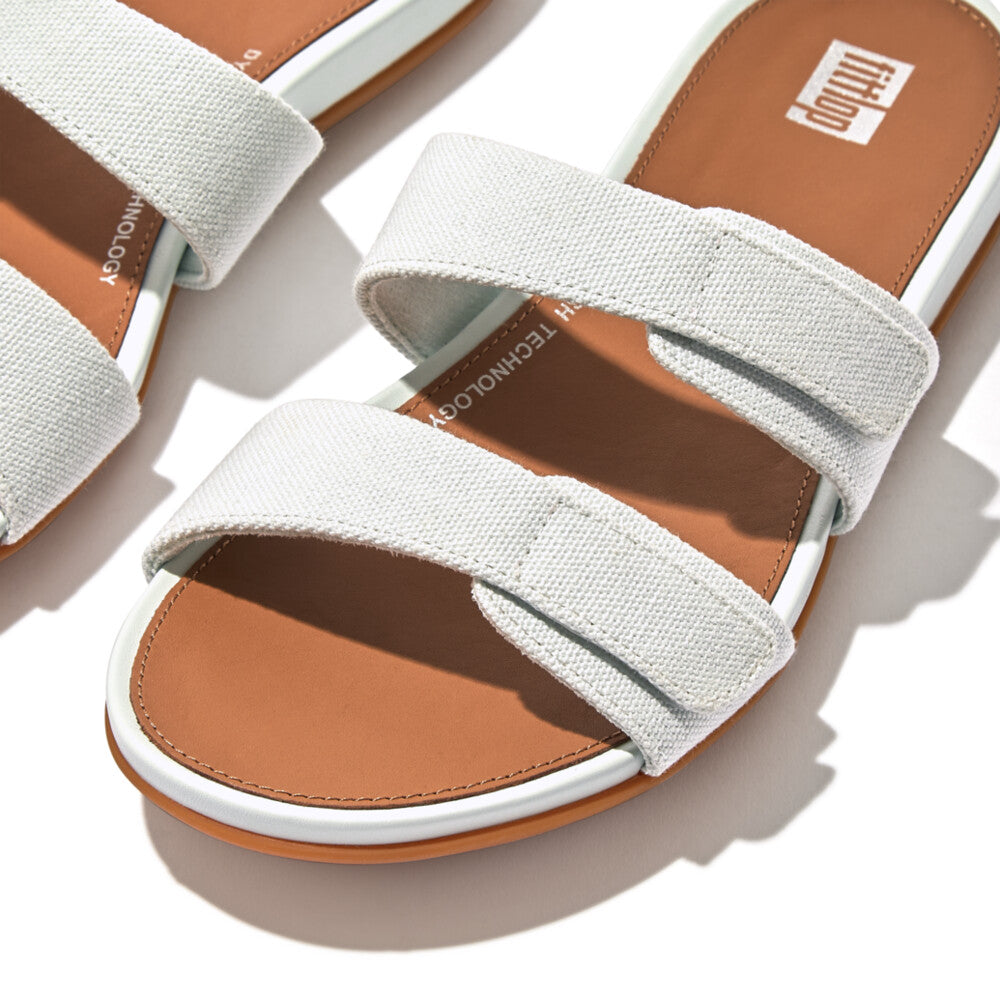 FitFlop Gracie Canvas Slide Sandals for Women - Comfortable Summer Beach Sandals in Seafoam Blue | Perfect for Poolside, Vacation & Casual Wear
