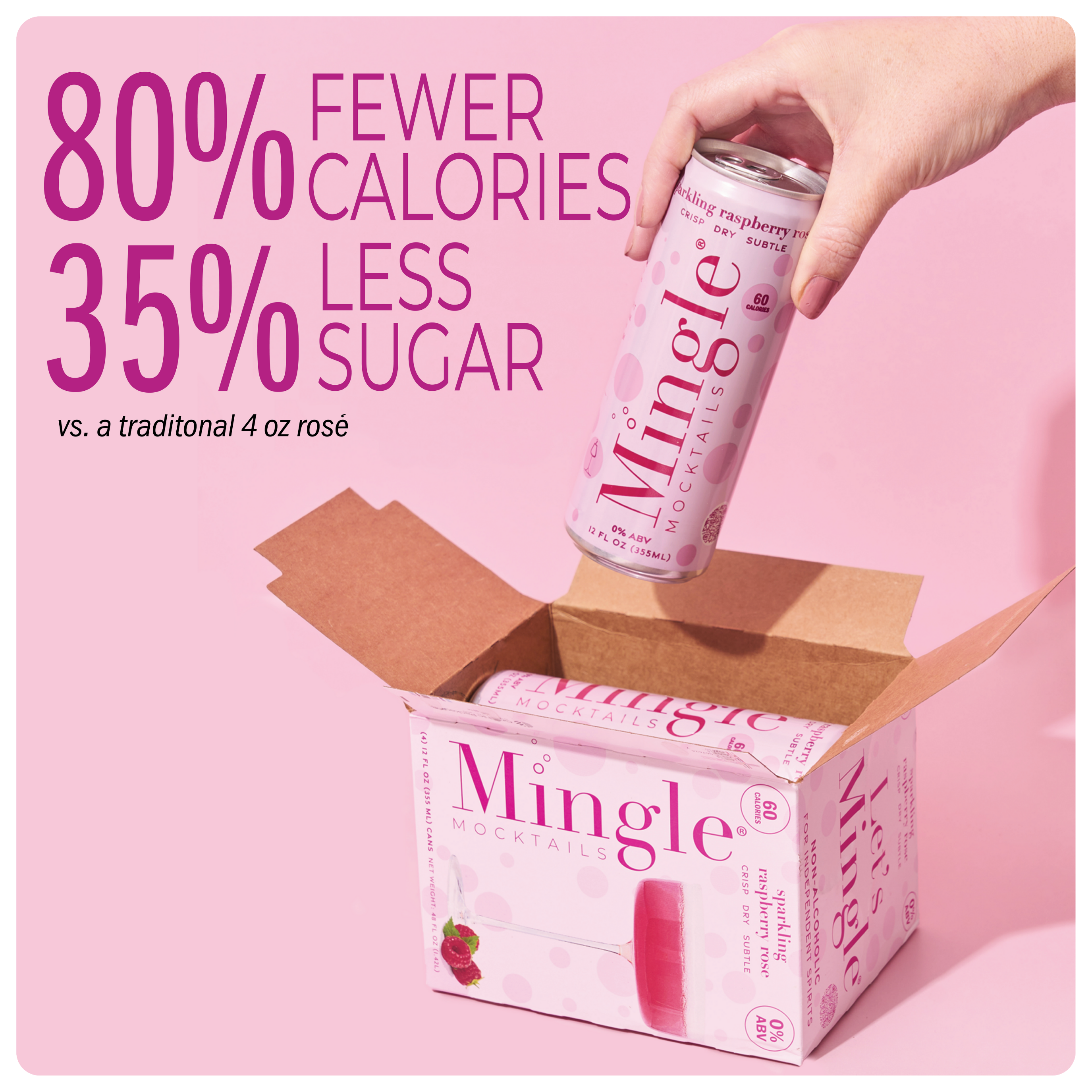 Mingle Mocktails Sparkling Raspberry Rosé Non-Alcoholic Beverage - 24 Pack (6x4 12oz Cans) - Perfect for Parties, Weddings & Sober Celebrations