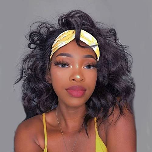 Dark Brown Short Wavy Headband Wig for Black Women - 14 Inch Synthetic Bob Wig with Attached Headbands, Shoulder Length Glueless Headwrap Half Wig for Daily & Party Use | Perfect for Work, Date Night, and Special Occasions