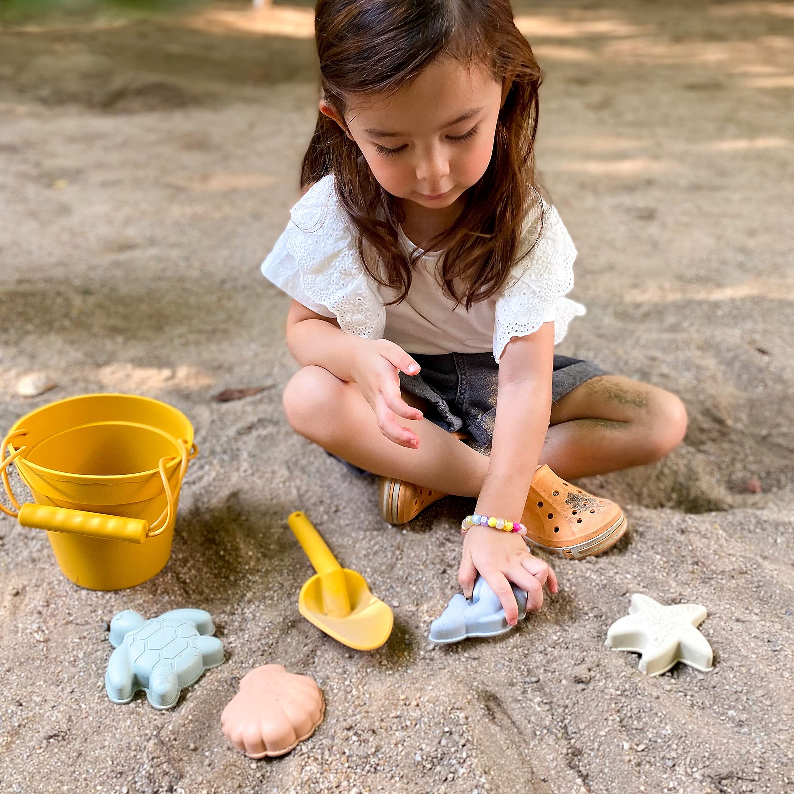 BLUE GINKGO Silicone Beach Toys Set - Durable Bucket, Shovel & 4 Sand Molds with Storage Bag for Toddlers & Kids | Perfect for Beach, Sandbox & Outdoor Play | BPA-Free & Travel-Friendly (Green)