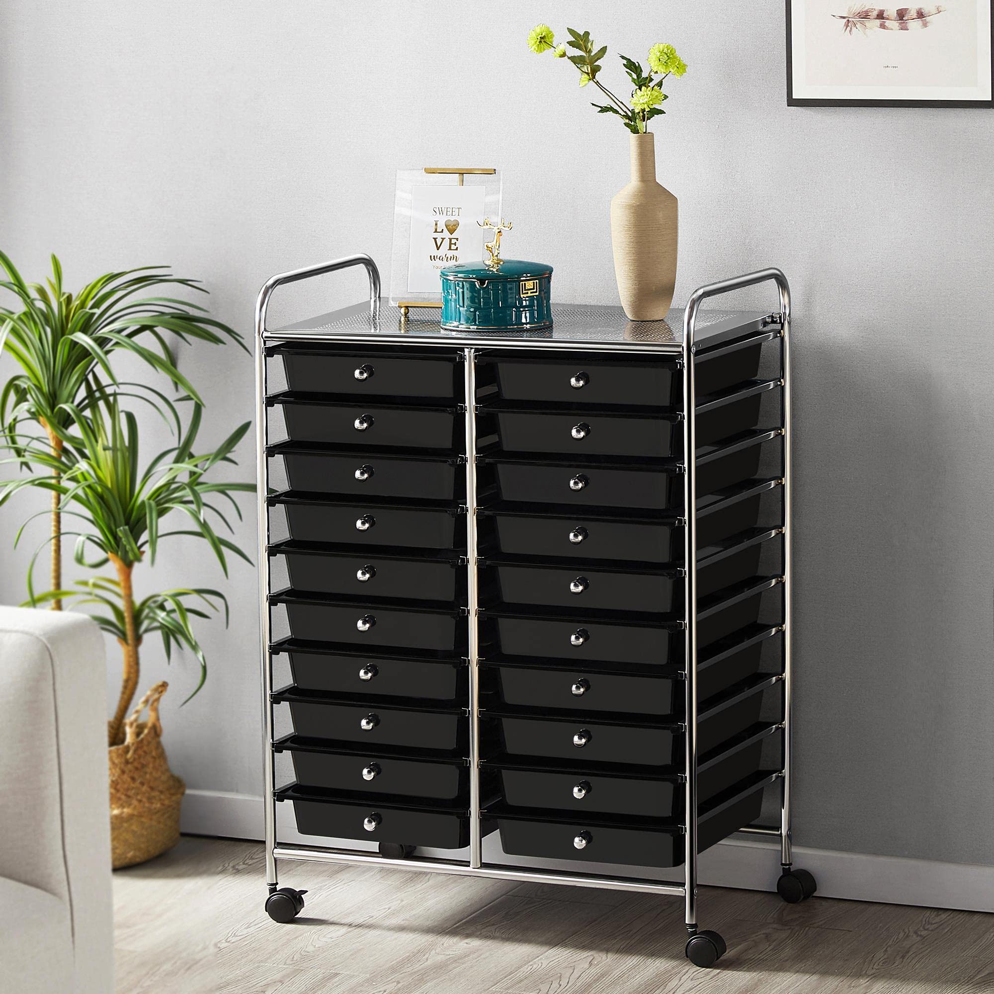 Topeakmart 20-Drawer Rolling Utility Cart - Plastic Storage Organizer with 360° Swivel Casters for Craft Room, Garage & Office - Black Mobile Craft Trolley