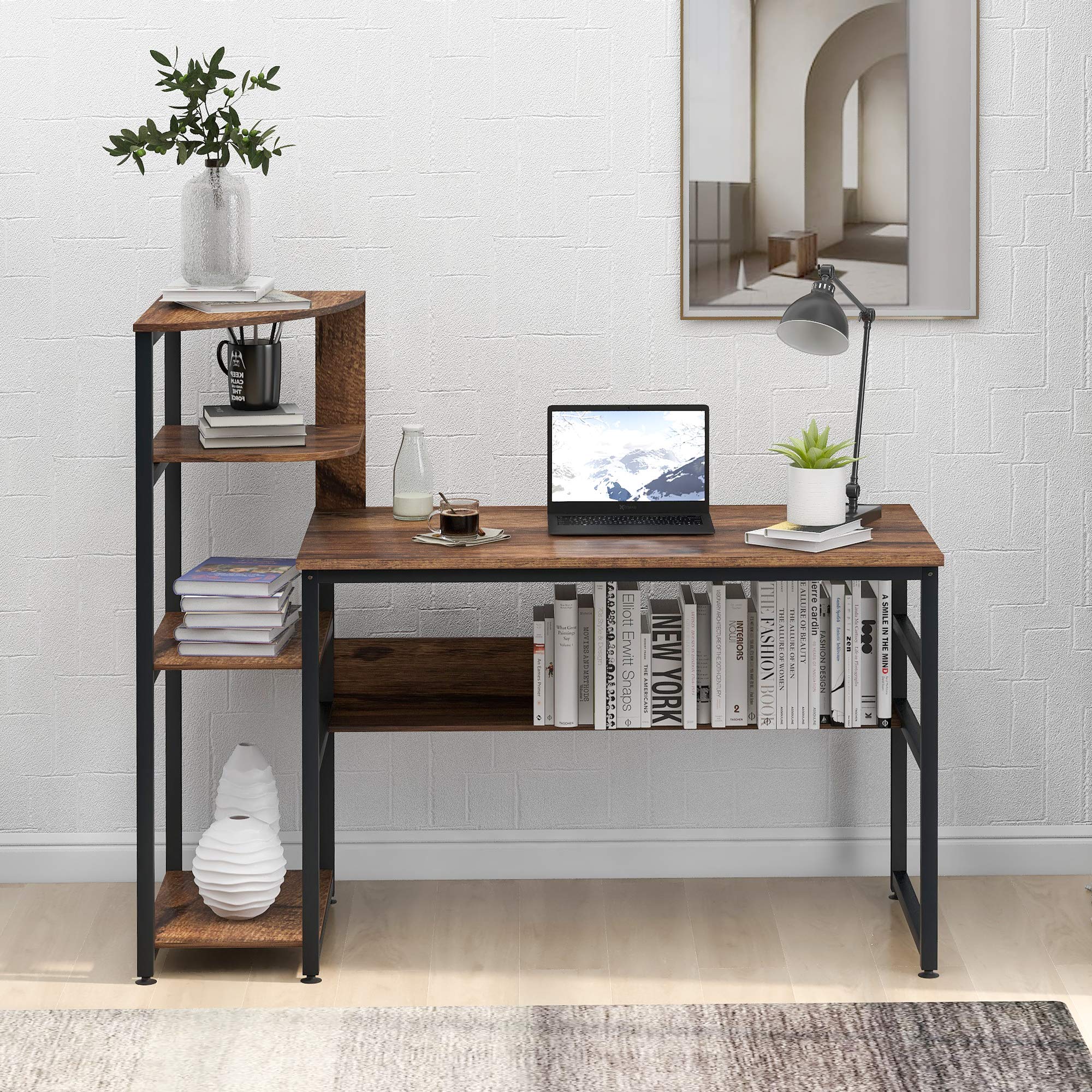 59 Inch Large Modern Home Office Computer Desk with 4-Tier Storage Shelves - Study Writing Table Workstation with Bookshelf & Tower Shelf (Brown) - Perfect for Small Spaces, Remote Work & Home Office Setup