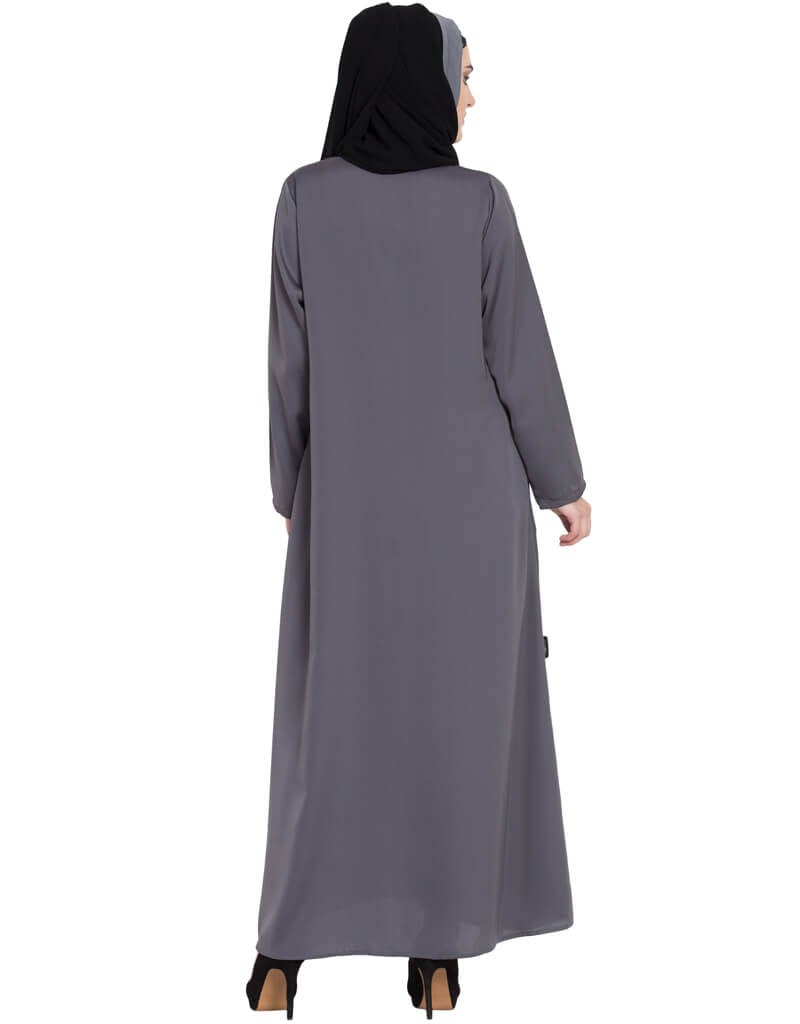 Elegant Arabic Front Zip & Slit Patchwork Nida Abaya in Grey - Perfect for Prayer, Modest Fashion, and Special Occasions