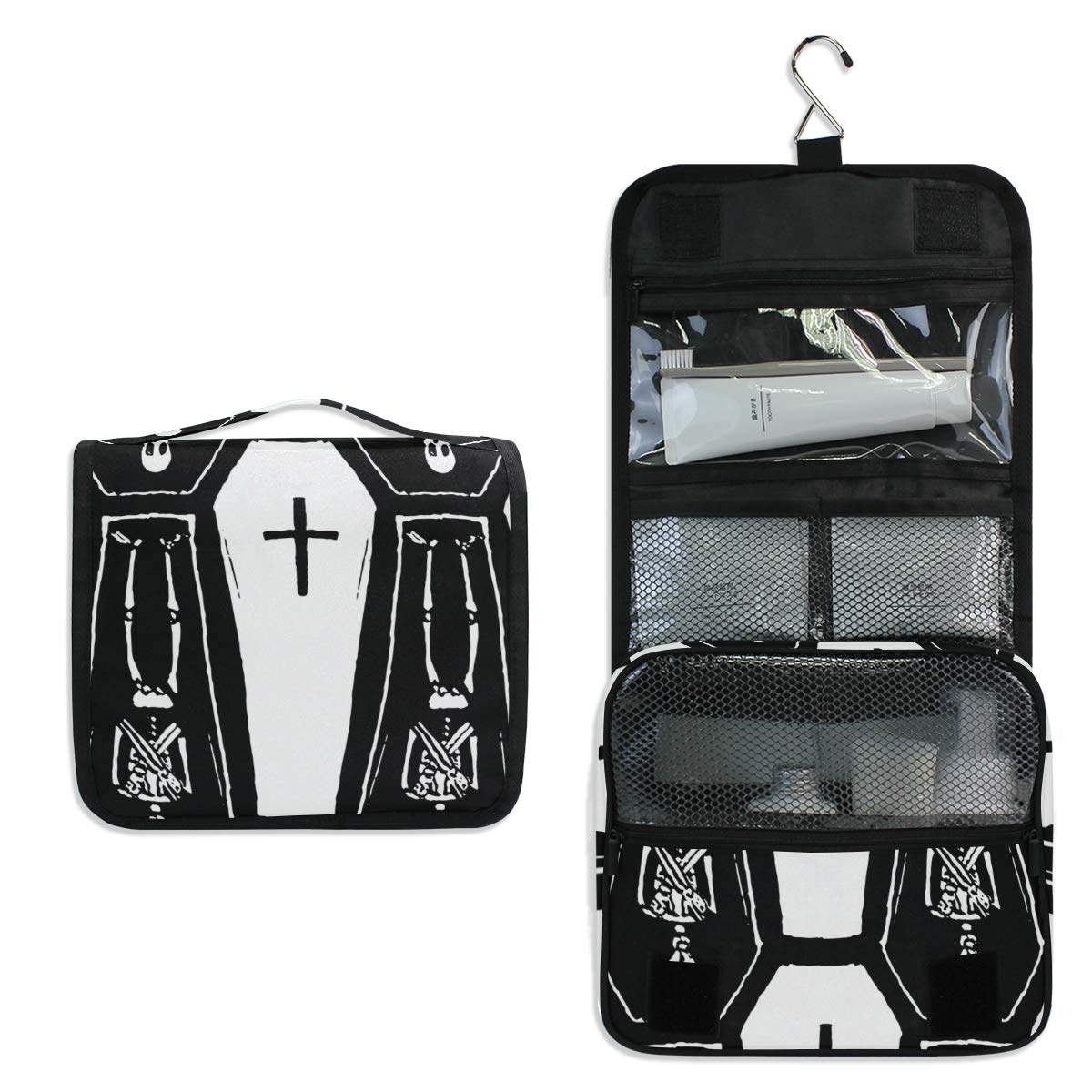 Gothic Skeleton Coffin Hanging Toiletry Bag - Travel Cosmetic Organizer Pouch for Makeup & Toiletries - Perfect for Women, Men & Teens (Ideal for Halloween Travel, Goth Lifestyle & Dark Aesthetic Enthusiasts)
