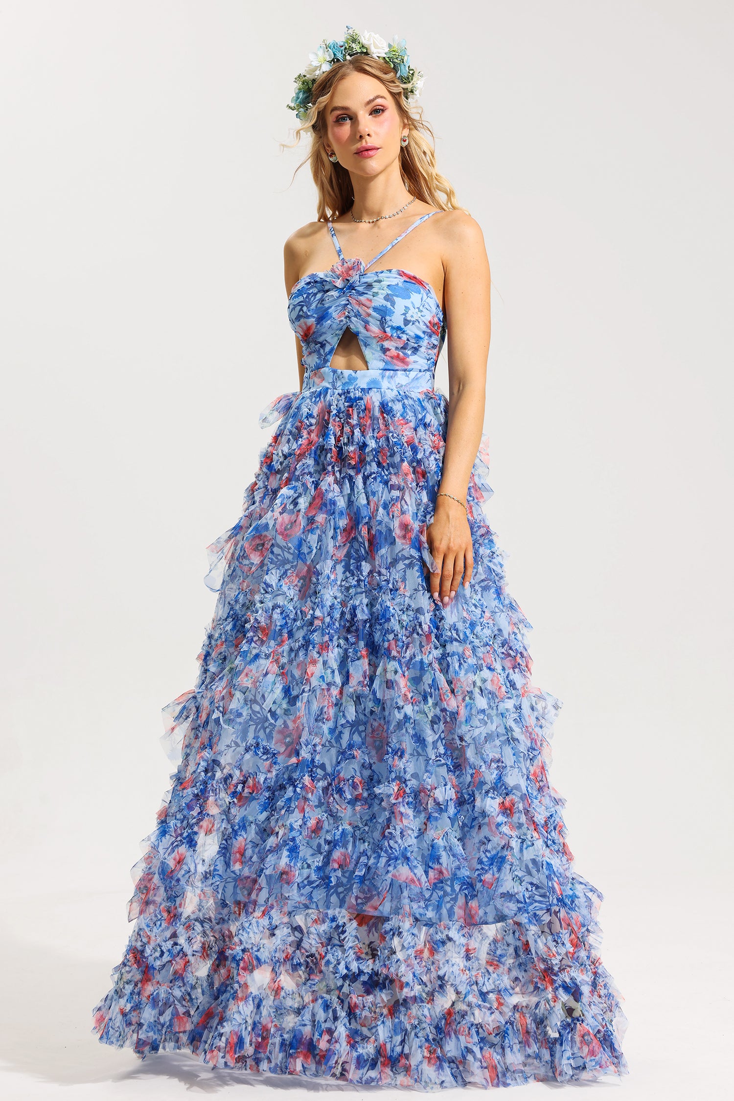 Elegant 3D Floral Print Halter Neck Frill Maxi Dress for Women - Perfect for Summer Weddings, Beach Vacations & Boho Parties