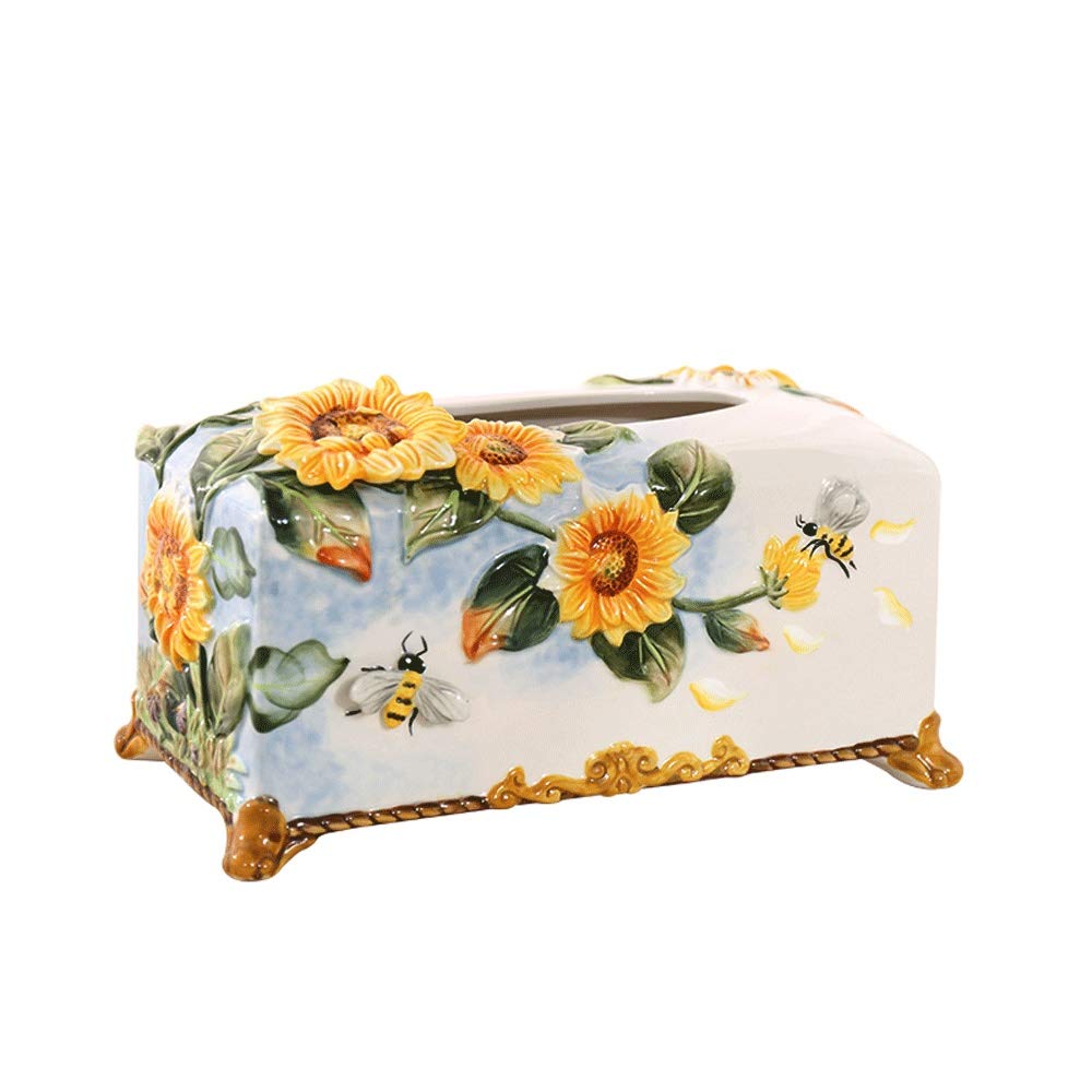 Slivy Sunflower Ceramic Tissue Box Cover - Rustic Embossed Porcelain Napkin Holder for Living Room & Dining Table - Farmhouse Home Decor, Artistic Tissue Dispenser for Cozy Home Atmosphere