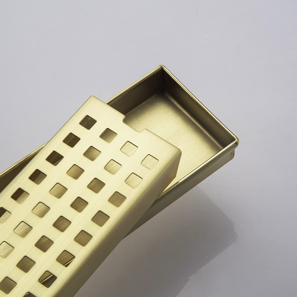 16 Inch Linear Shower Drain with Removable Cover - SUS304 Stainless Steel Rectangular Floor Drain with Adjustable Leveling Feet & Hair Strainer - Brushed Gold Finish for Modern Bathroom & Wet Room Installation