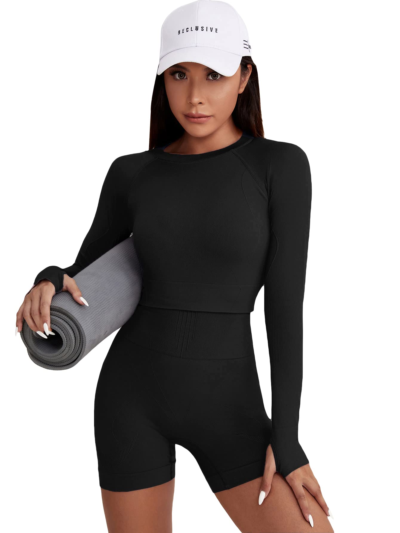 OYOANGLE Women's 2 Piece Seamless Yoga Outfit Set - Long Sleeve Crop Top & High Waist Shorts for Workout, Gym, Running and Lounge Wear