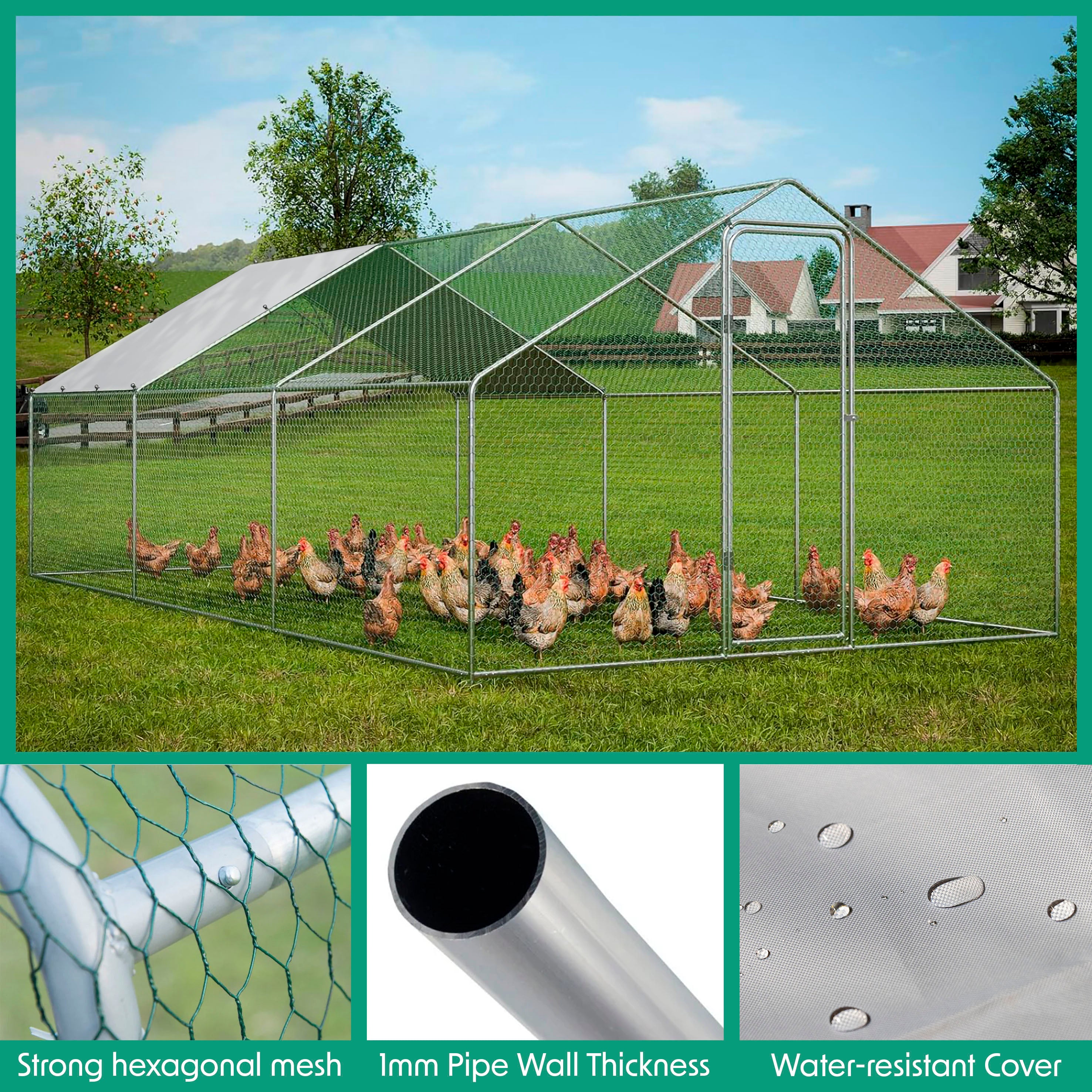 3x6x2m Galvanized Steel Walk-In Chicken Coop with Roof Cover & PVC Coated Wire Mesh - Durable Poultry Enclosure for Backyard, Farm, or Garden Use (Model DG280)