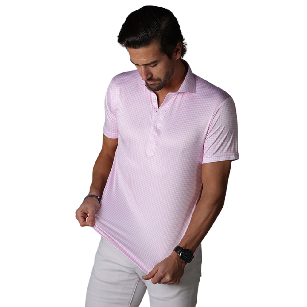 Men's Pink Gingham Semi Spread Collar Polo Shirt - Casual & Stylish Cotton Blend Top for Work, Golf & Summer Outings